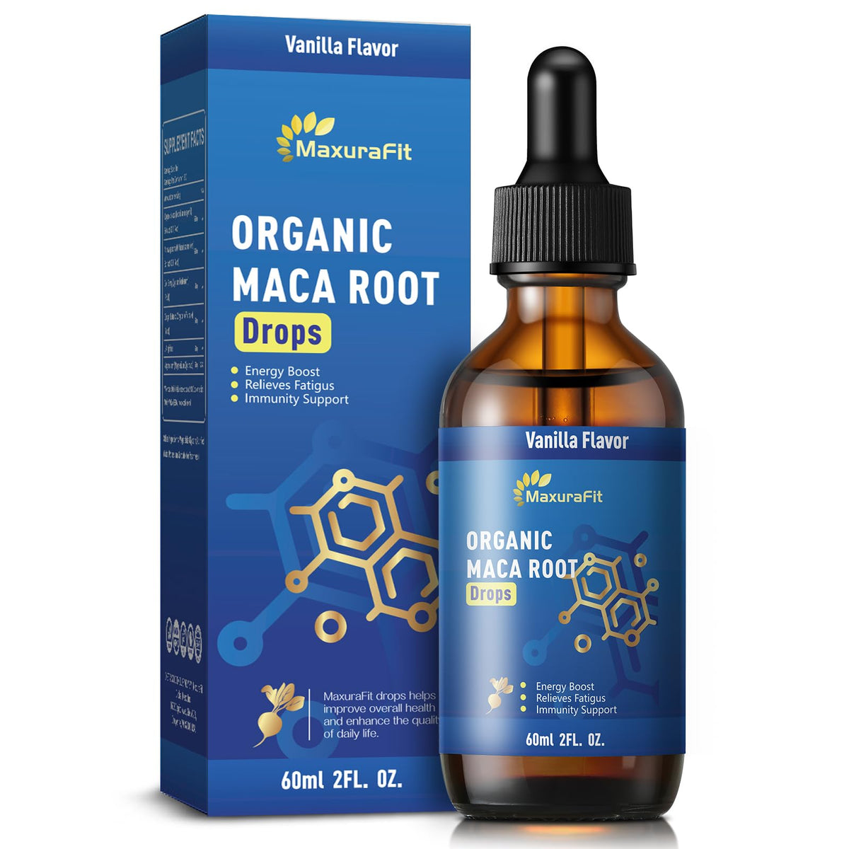 Gouttes MaxuraFit Maca et Ashwagandha dans une bouteille, énergie potentielle au quotidien.