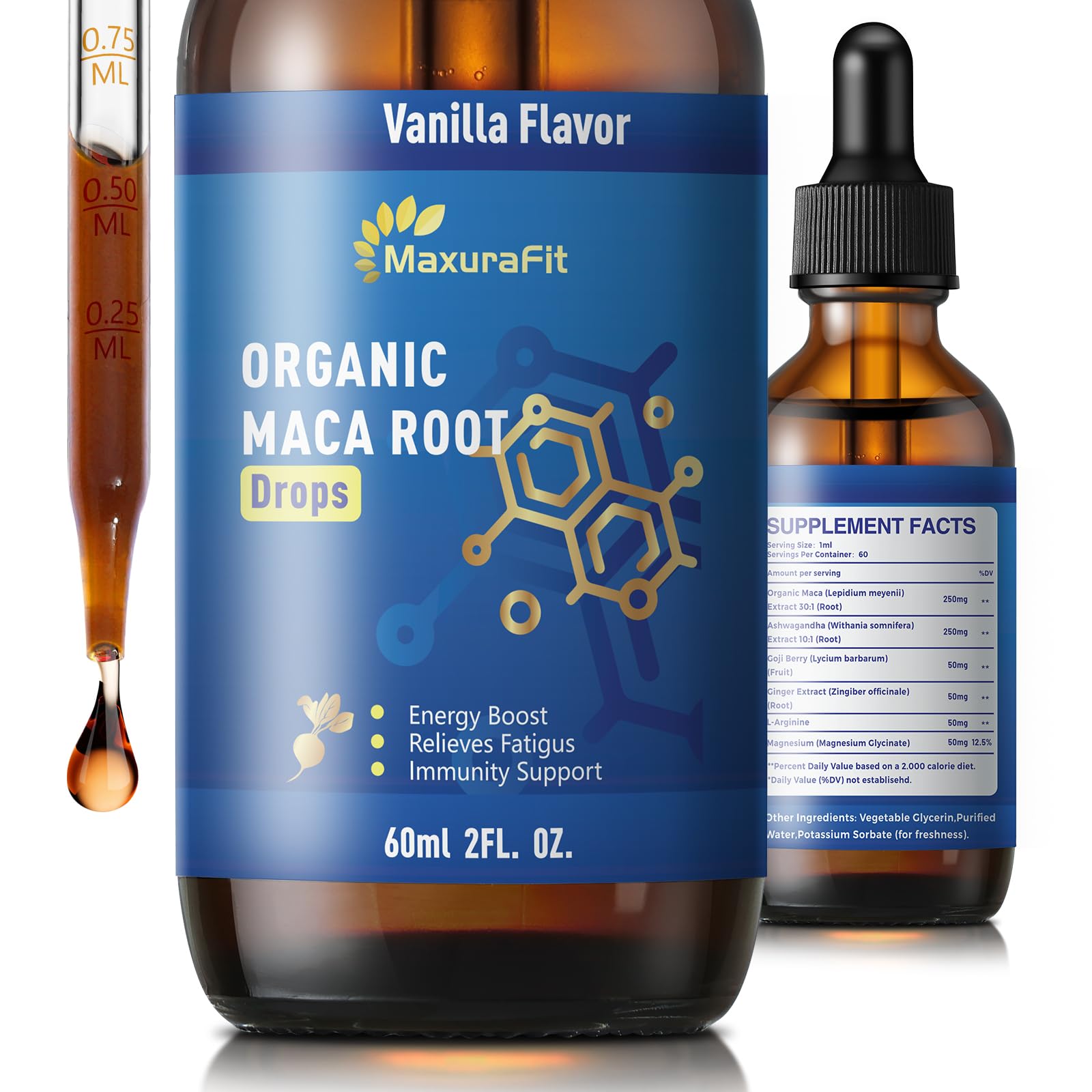 MaxuraFit gouttes Maca et Ashwagandha – bouteille prête pour énergie et concentration.