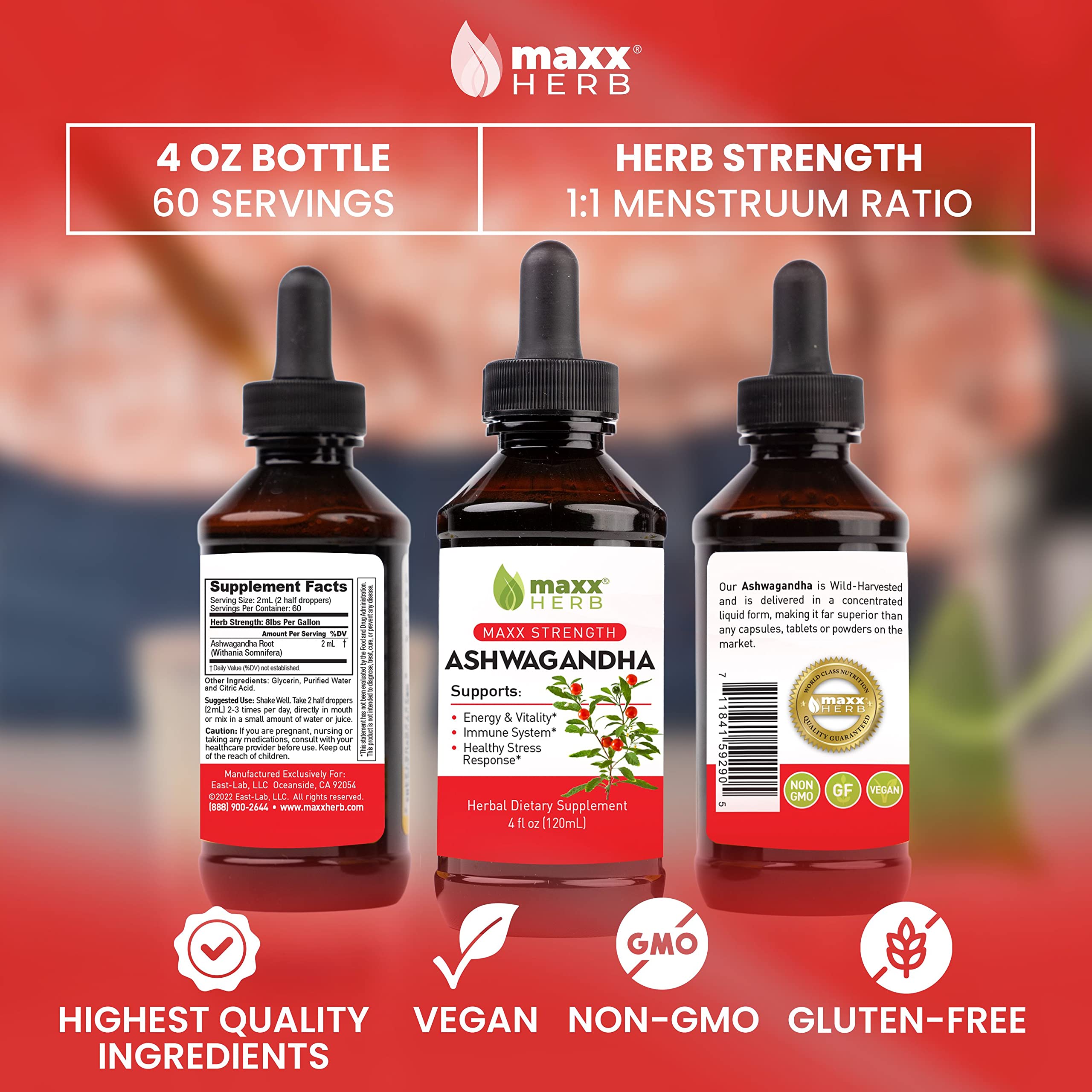Bouteille Maxx Herb Ashwagandha Extrait prête à l’emploi dans la pharmacie domestique
