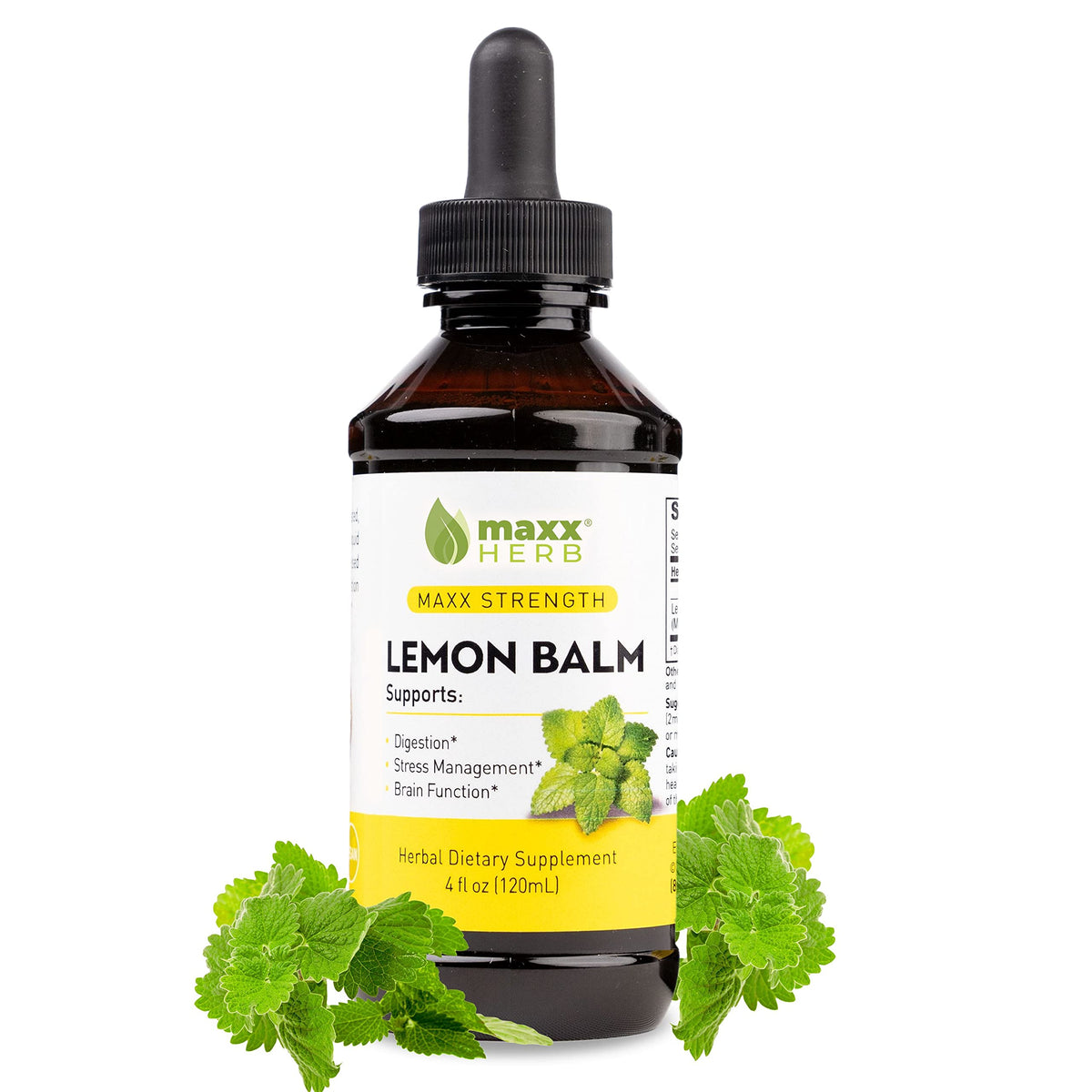 Maxx Herb Mélisse flacon gouttes montrant le produit et son usage pour le soutien nerveux.