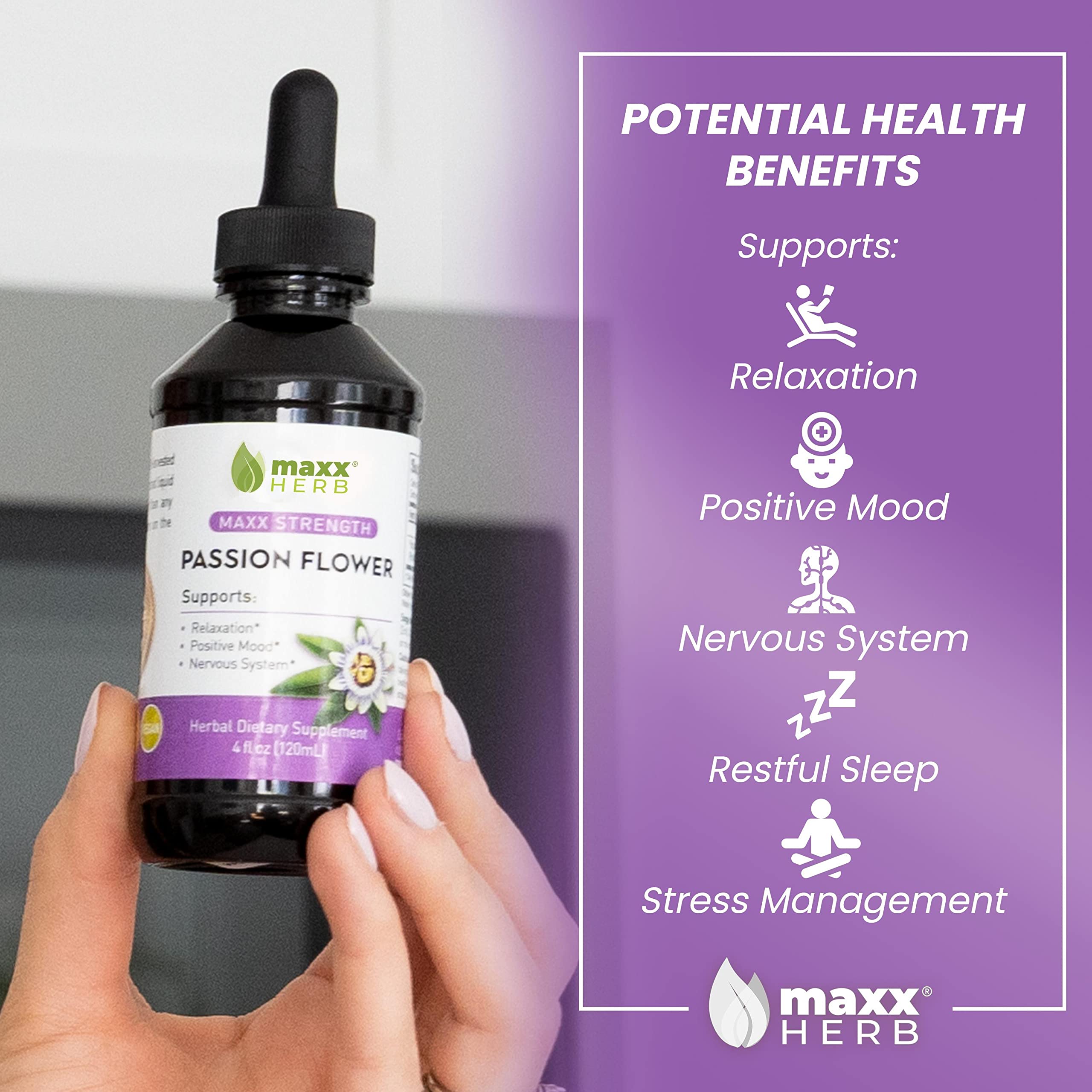 Extrait Passion Flower Maxx Herb : etiquette professionnelle pour relaxations premium.