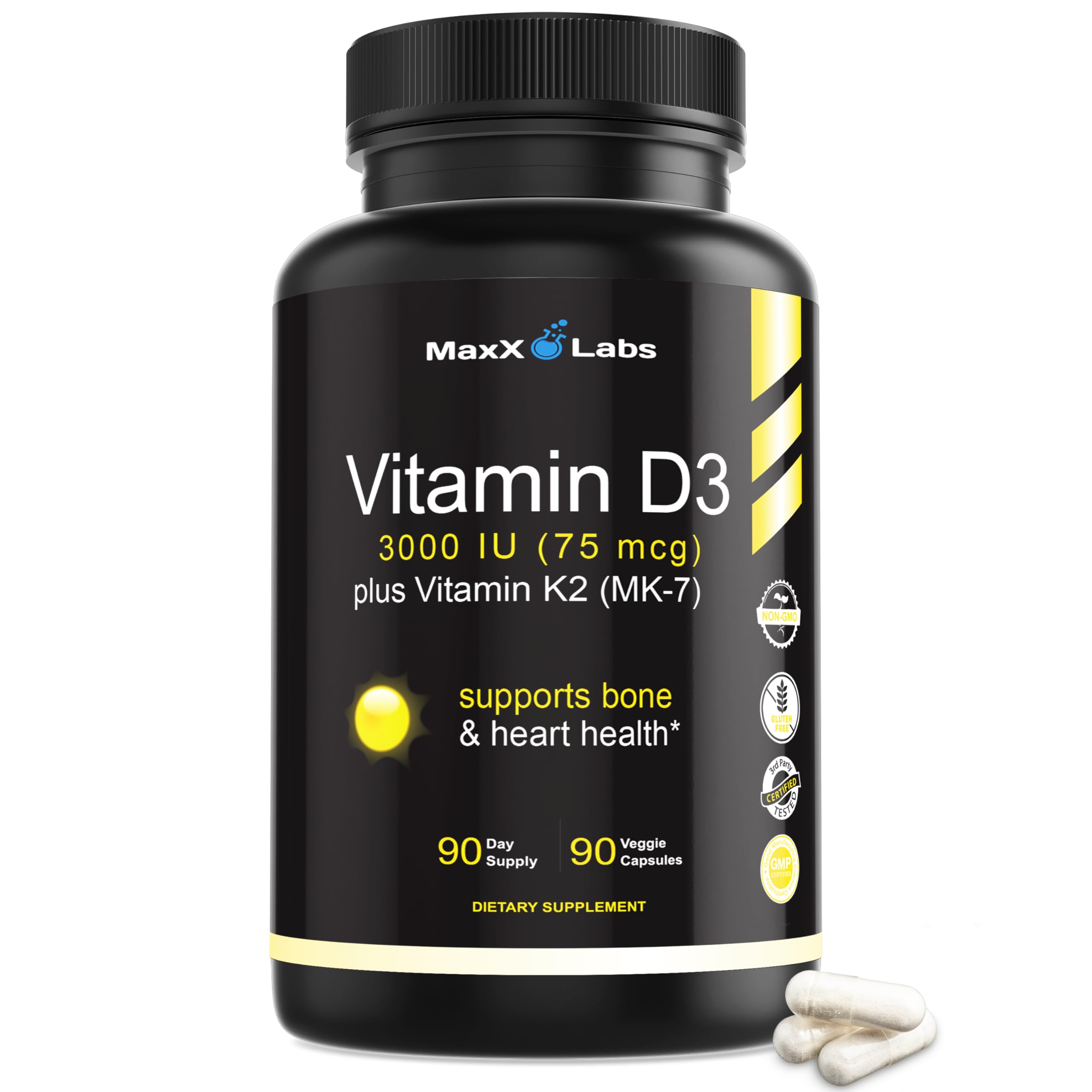 MaxX Labs Vitamine D3 K2 3000IU – bouteille, soutien possible pour les os et le système immunitaire.