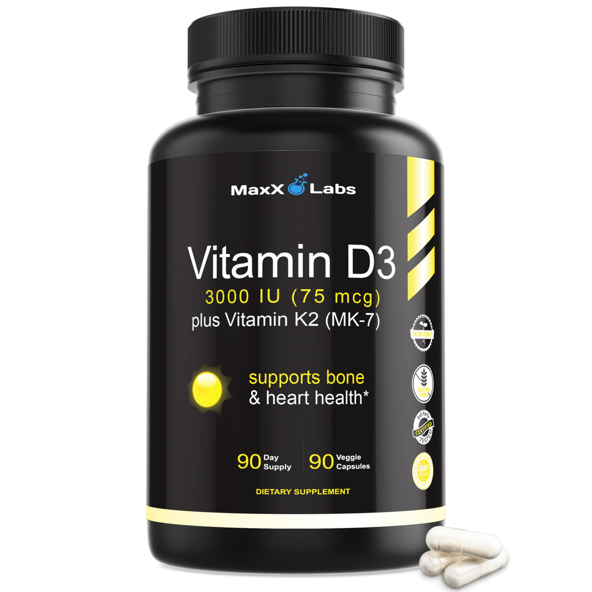 MaxX Labs Vitamine D3 K2 3000IU – bouteille, soutien possible pour les os et le système immunitaire.