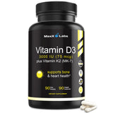 MaxX Labs Vitamine D3 K2 3000IU – bouteille, soutien possible pour les os et le système immunitaire.