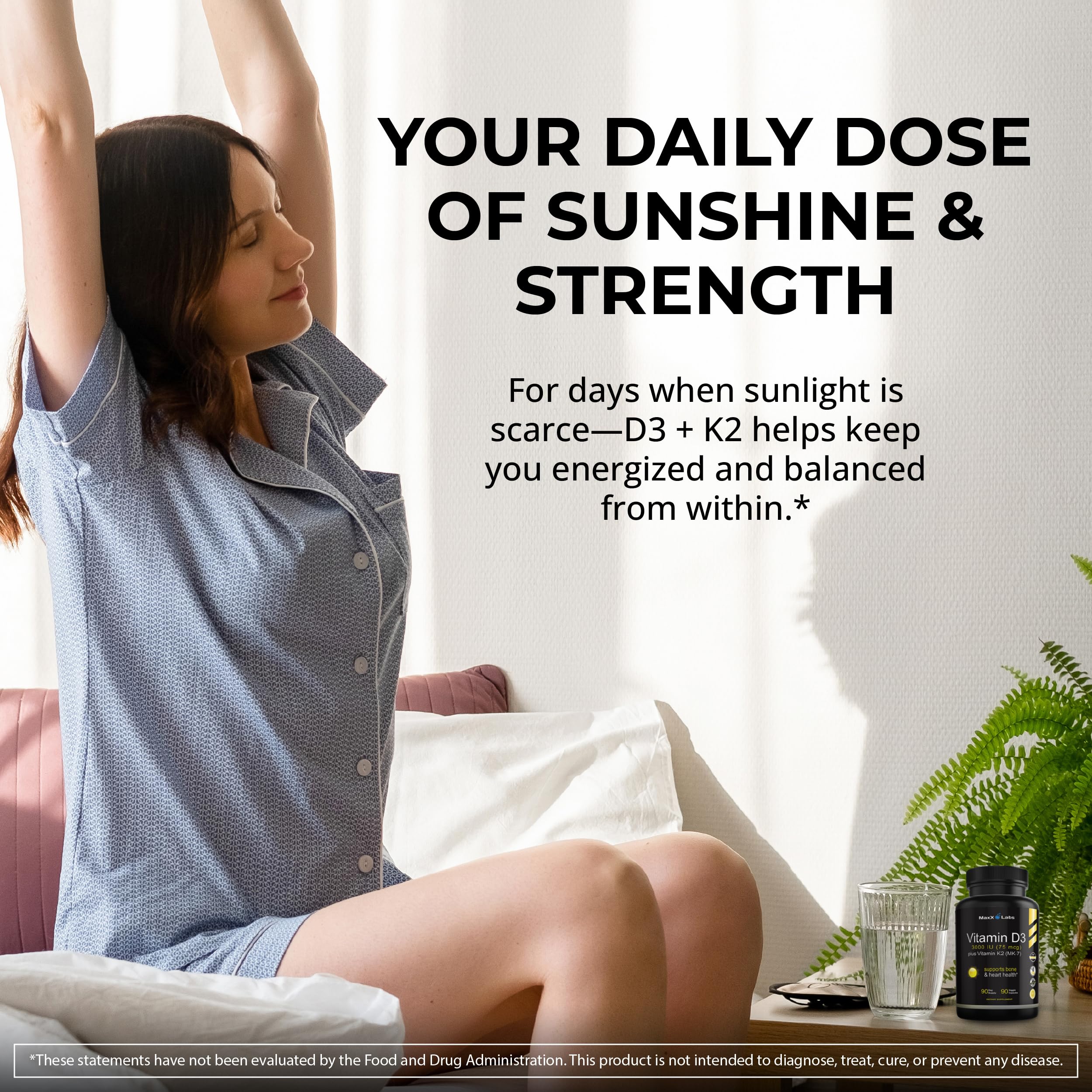 MaxX Labs Vitamine D3 K2 3000IU – bouchon et design moderne pour usage quotidien.