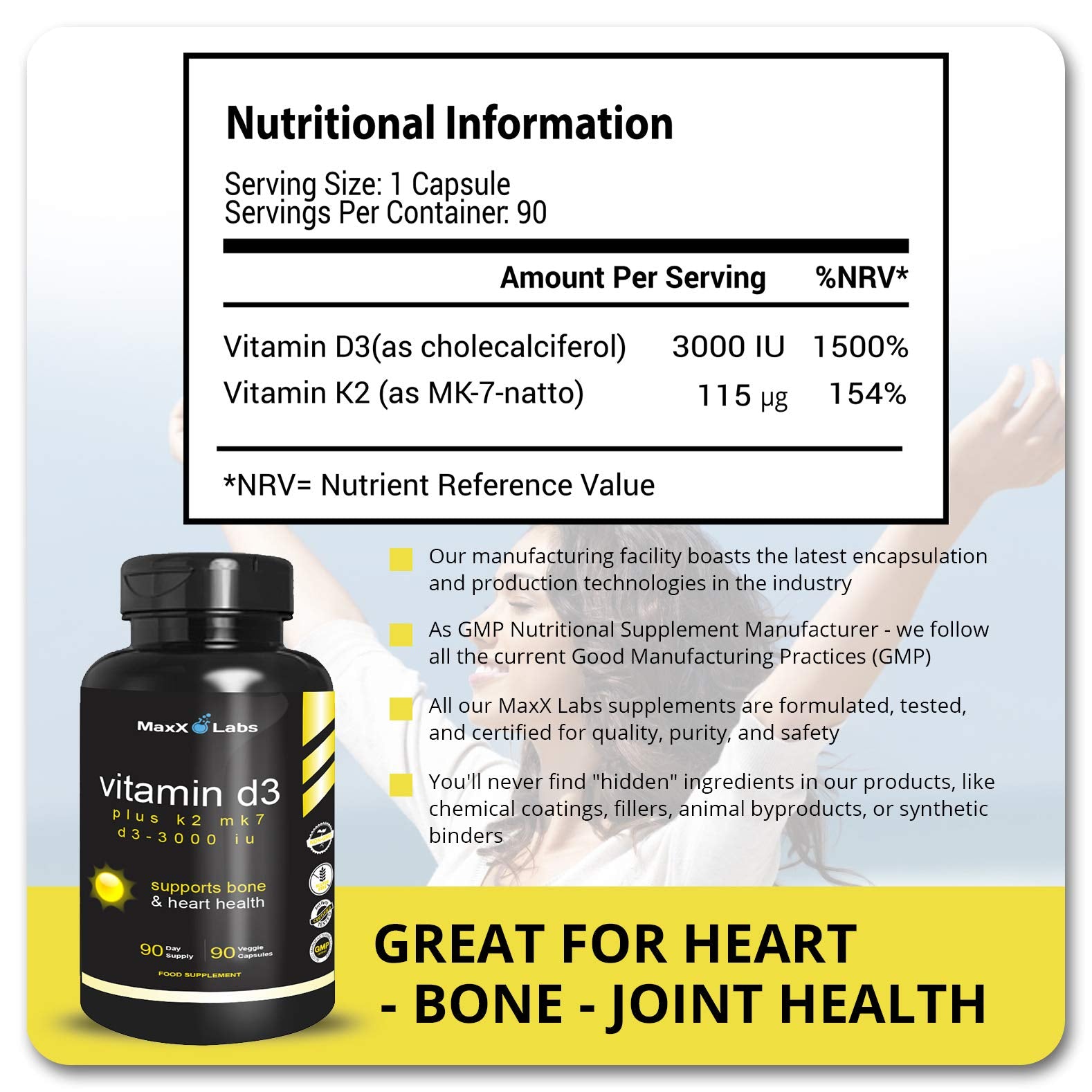 MaxX Labs Vitamine D3 K2 3000IU – emballage compact pour un rangement pratique.