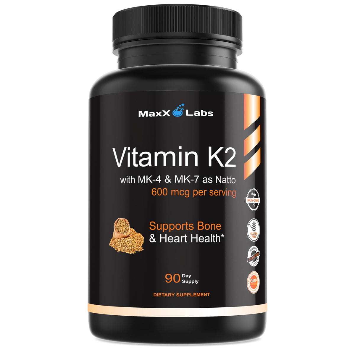 MaxX Labs Vitamine K2 – bouteille sur fond blanc, soutien potentiel des os et du cerveau