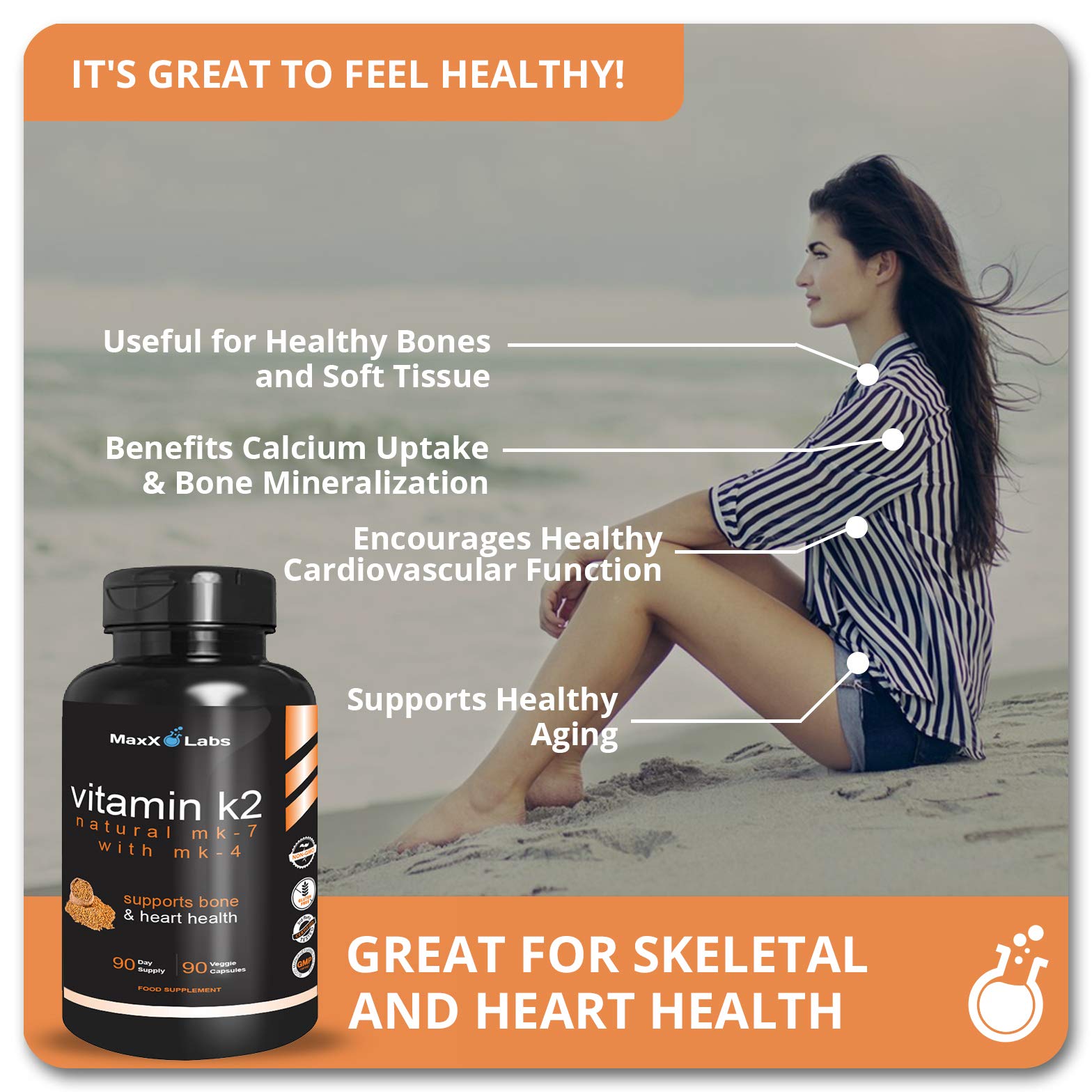 MaxX Labs Vitamine K2 – capsules visibles, favorise le transport du calcium vers les os