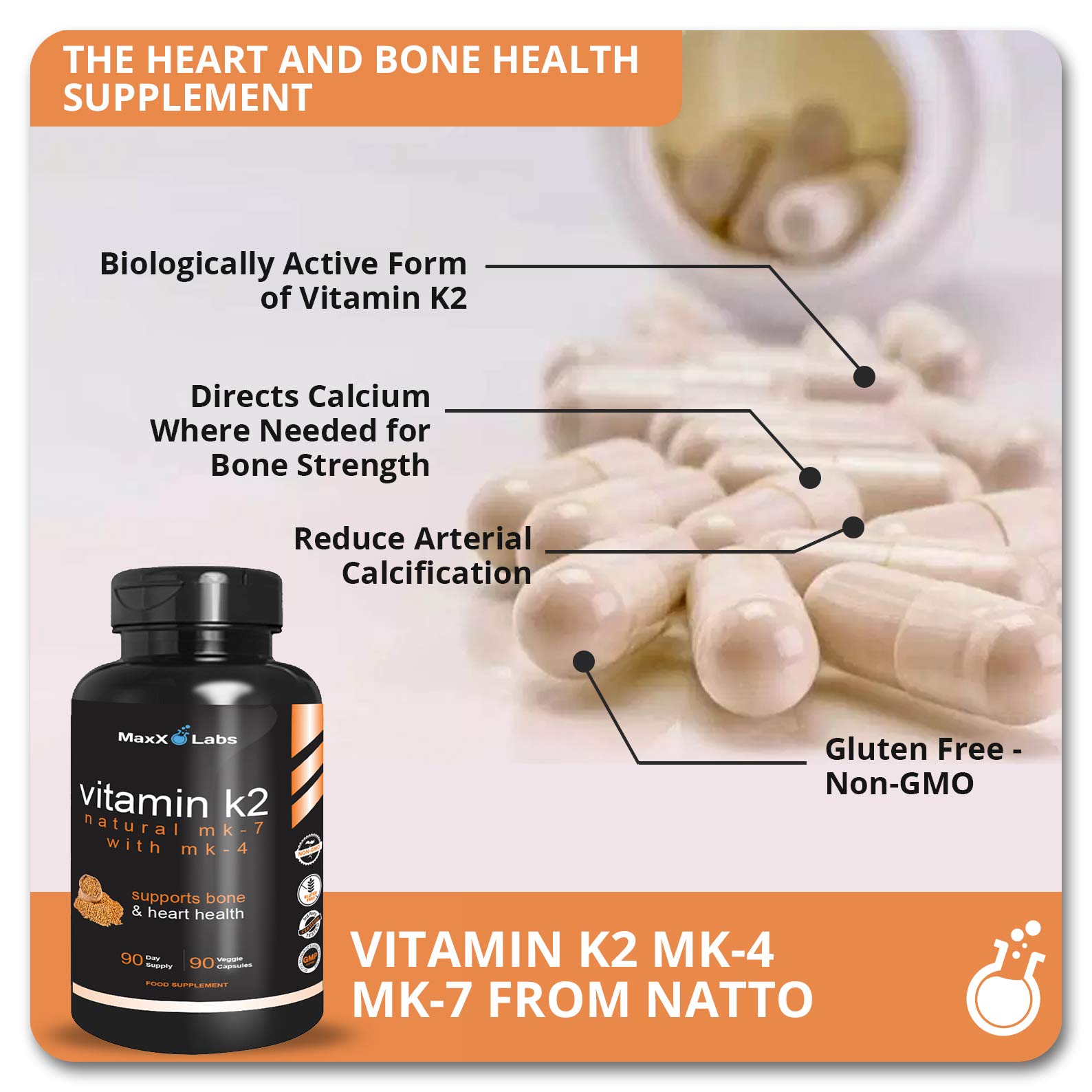 MaxX Labs Vitamine K2 – étiquette nette montrant le mélange MK-7 et MK-4
