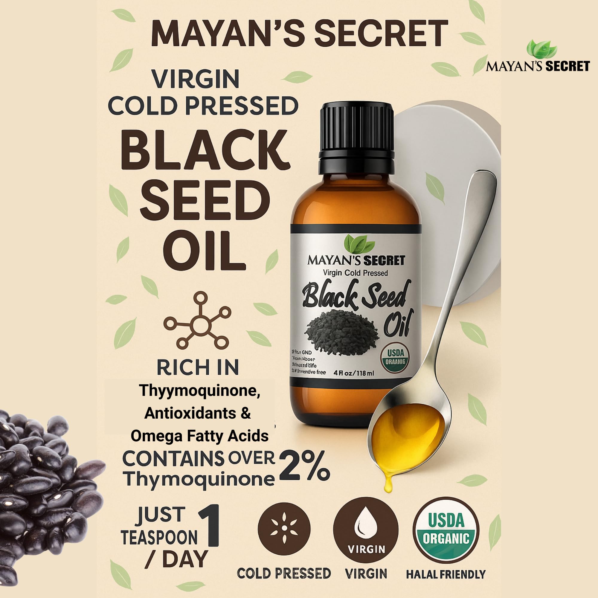 Mayan's Secret huile de cumin noir presse froid – flacon élégant