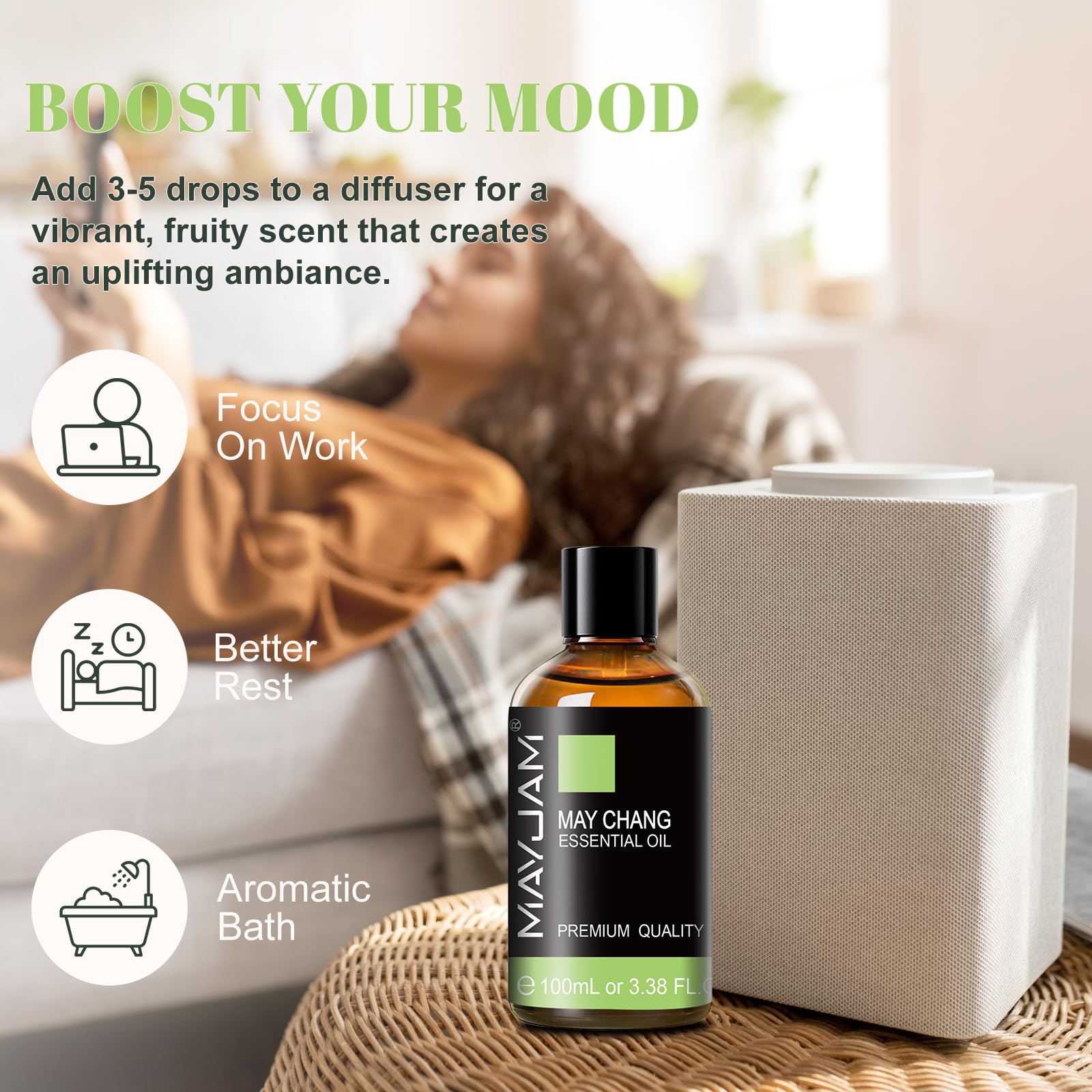 MayJAM May Chang: diffuseur aromathérapie pour une ambiance fraîche et revitalisante.