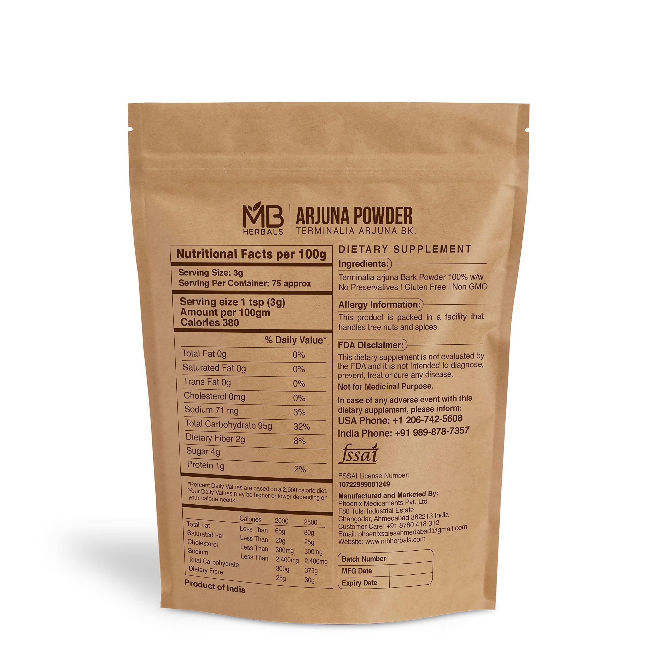 MB Herbals Arjuna poudre présentée dans un bocal, idéal pour formulations de soins maison