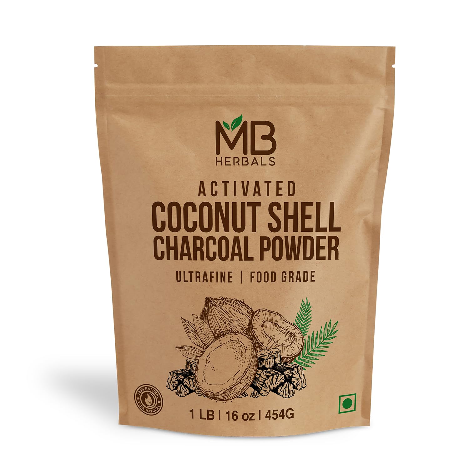 MB Herbals Charbon activé coco, poudre pour masque visage détoxifiant