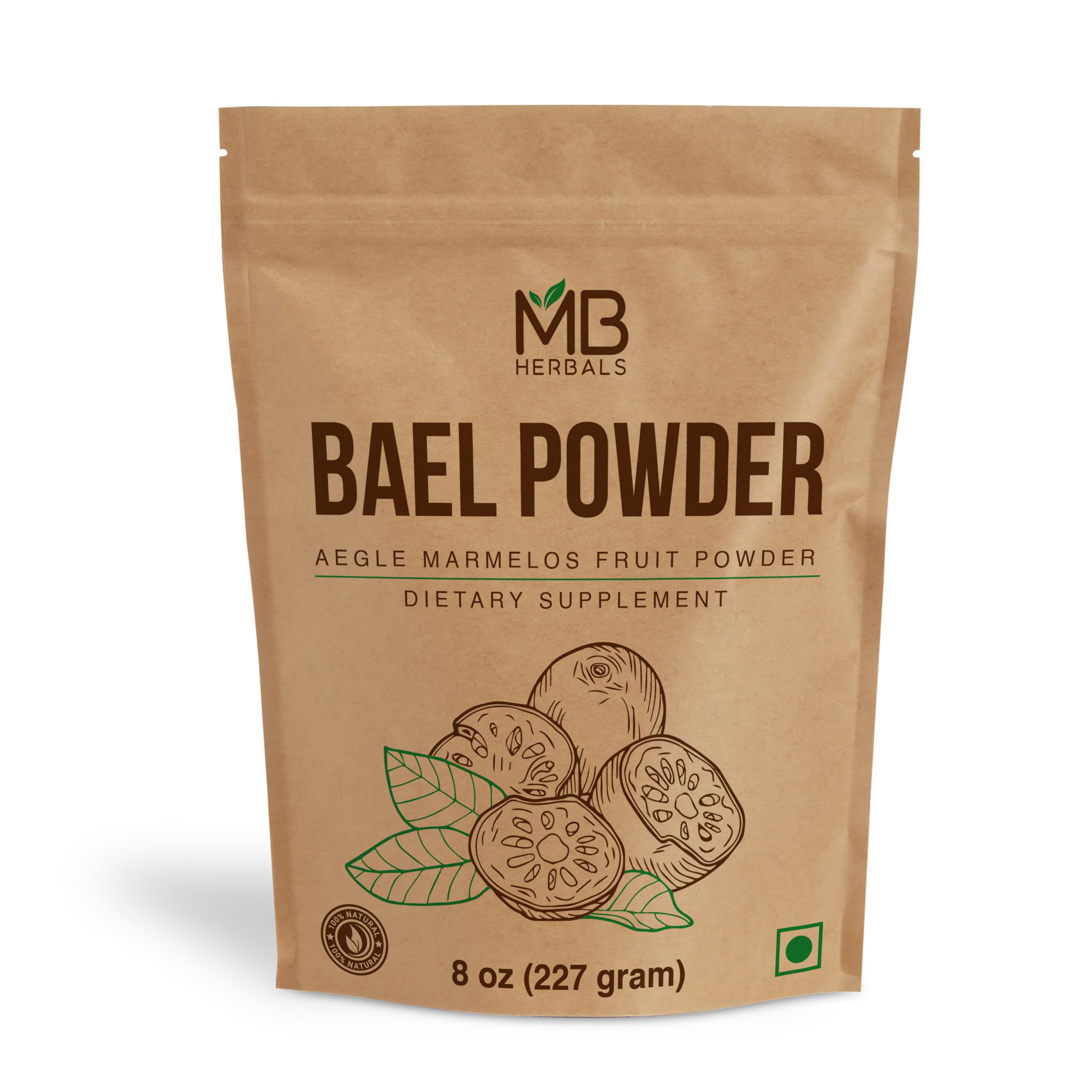 MB Herbals Poudre de Bael, emballage avant, prête à être ajoutée aux boissons.