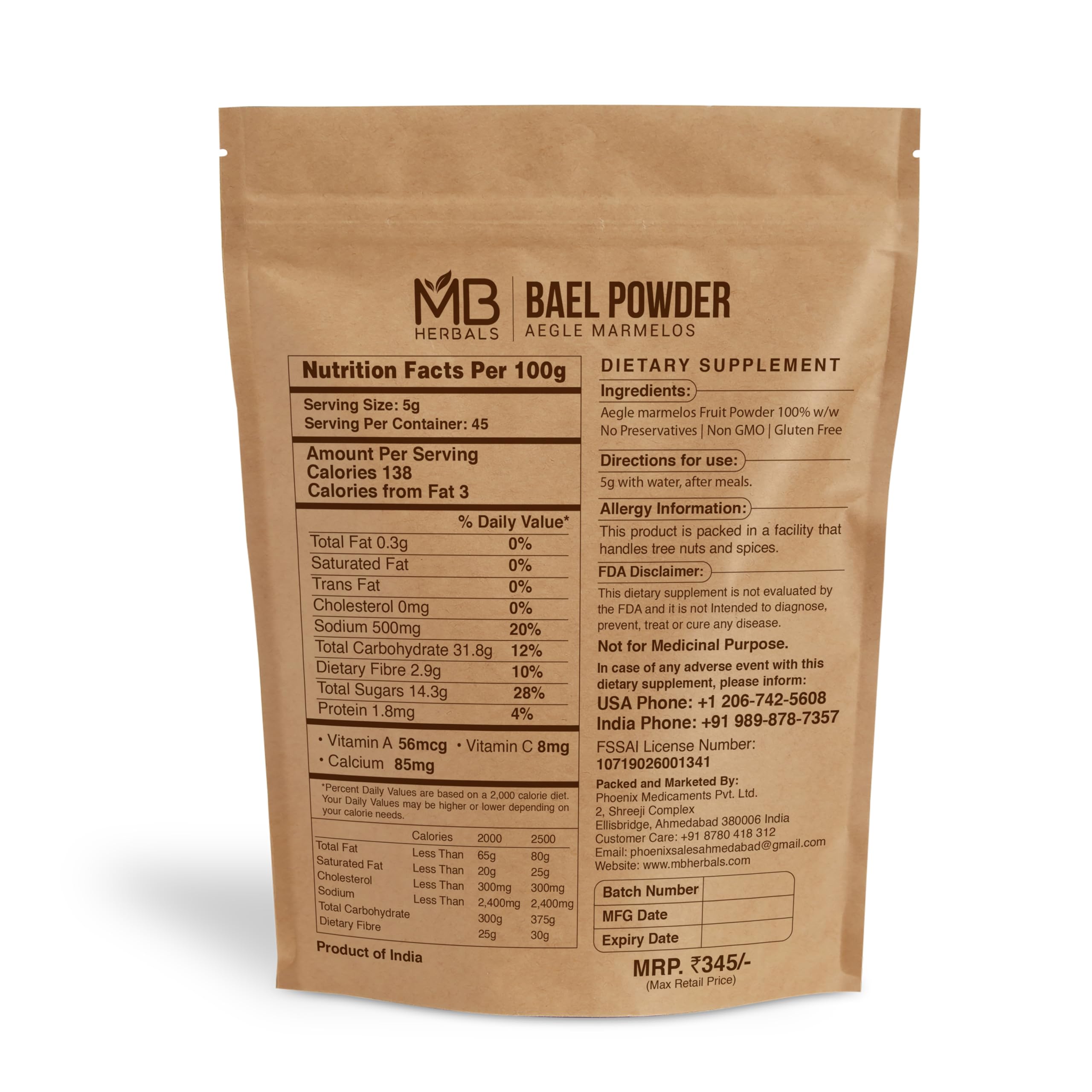 MB Herbals Poudre de Bael – verser dans infusion ou smoothie pour routine.