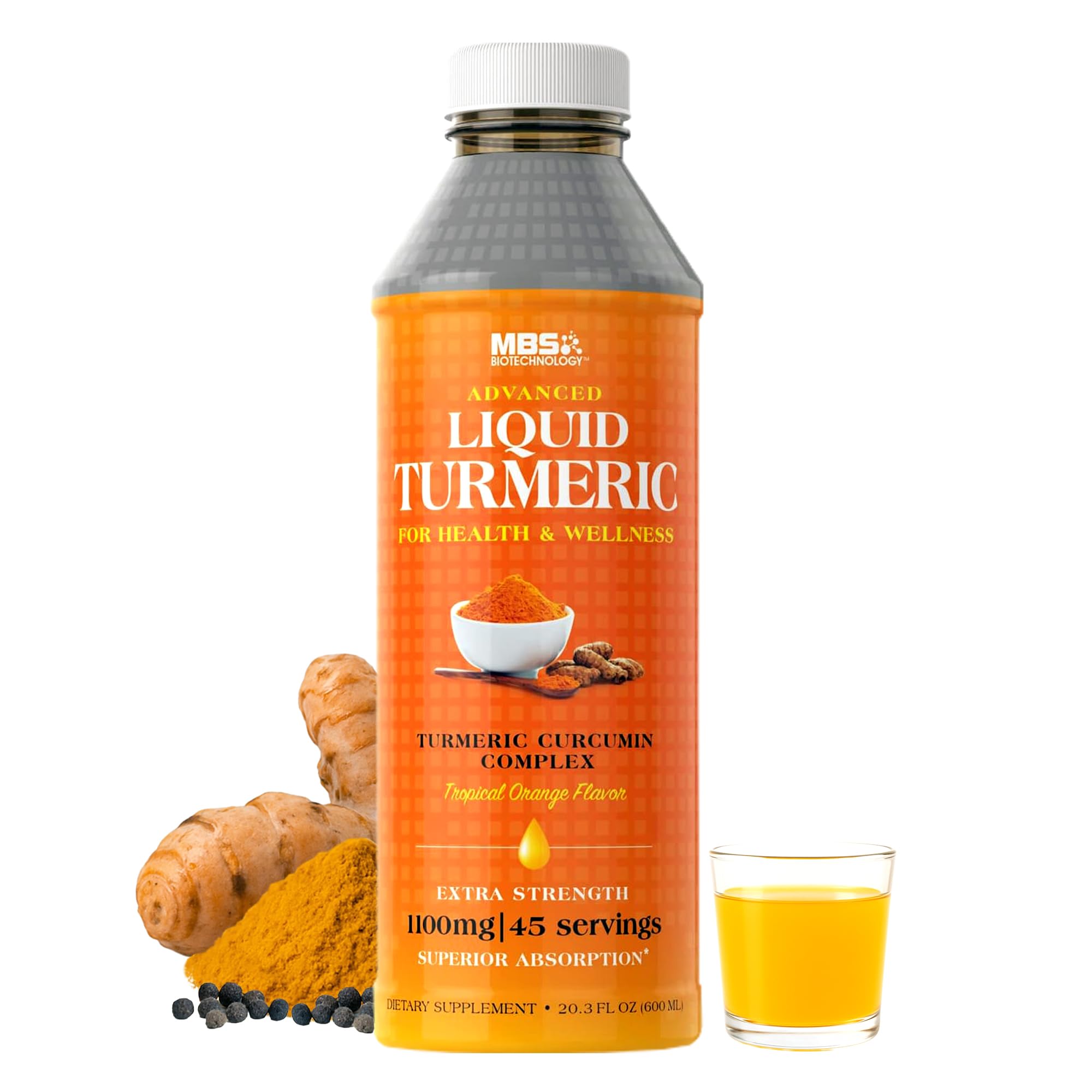 MBS Biotechnology Turmeric liquide haute absorption, bouteille lumineuse pour le soutien potentiel des articulations
