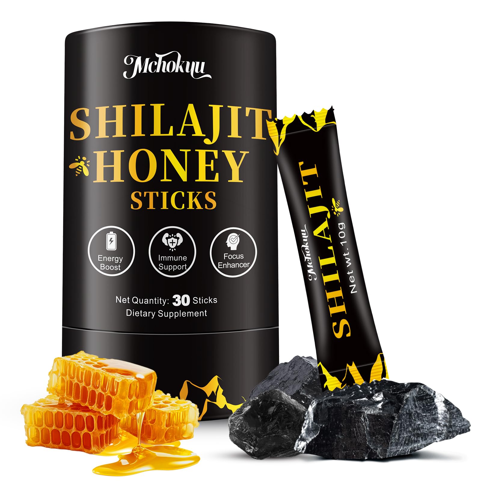 Mchokuu batonnet miel Shilajit emballage, idéal pour commencer une routine énergétique.