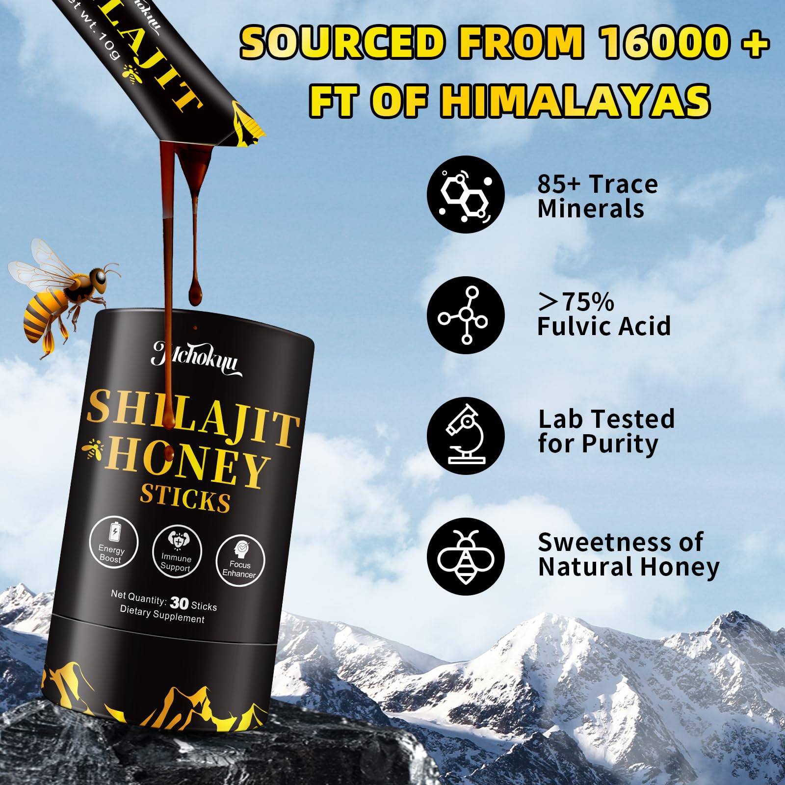 Mchokuu batonnet Shilajit miel dans boisson, énergie potentielle.