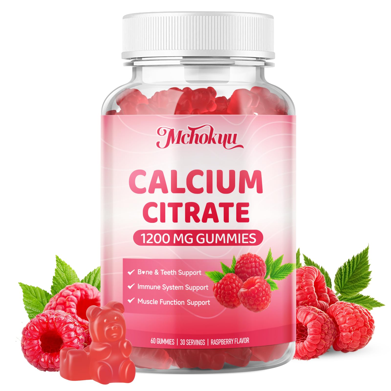 Gamme Mchokuu Calcium Citrate 1200 mg, bouteille et saveur framboise, édition pratique