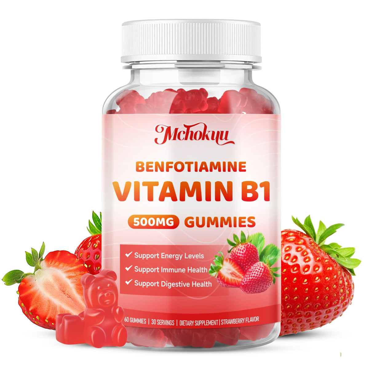 Gommes Mchokuu B1 500 mg en bouteille, soutien pratique pour l'énergie quotidienne.