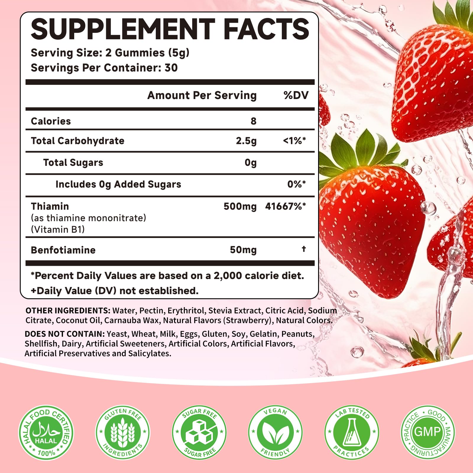 Gommes Mchokuu B1 500 mg avec benfotiamine, goût fraise naturelle et absorption potentielle.