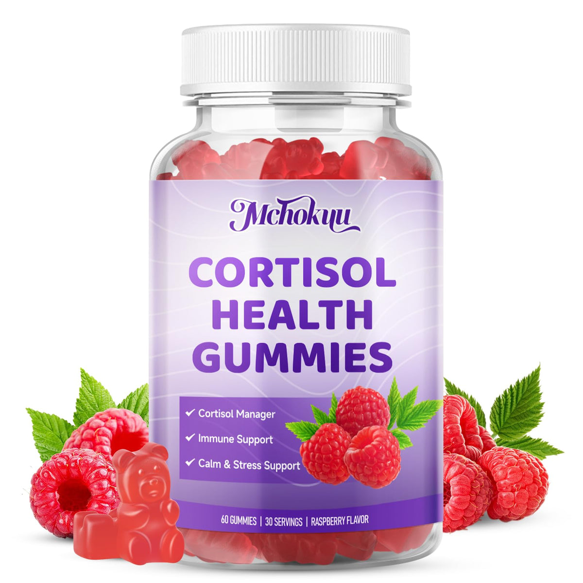 Gommes cortisol Mchokuu emballage framboise, plaisir sans sucre pour le bien-être quotidien.