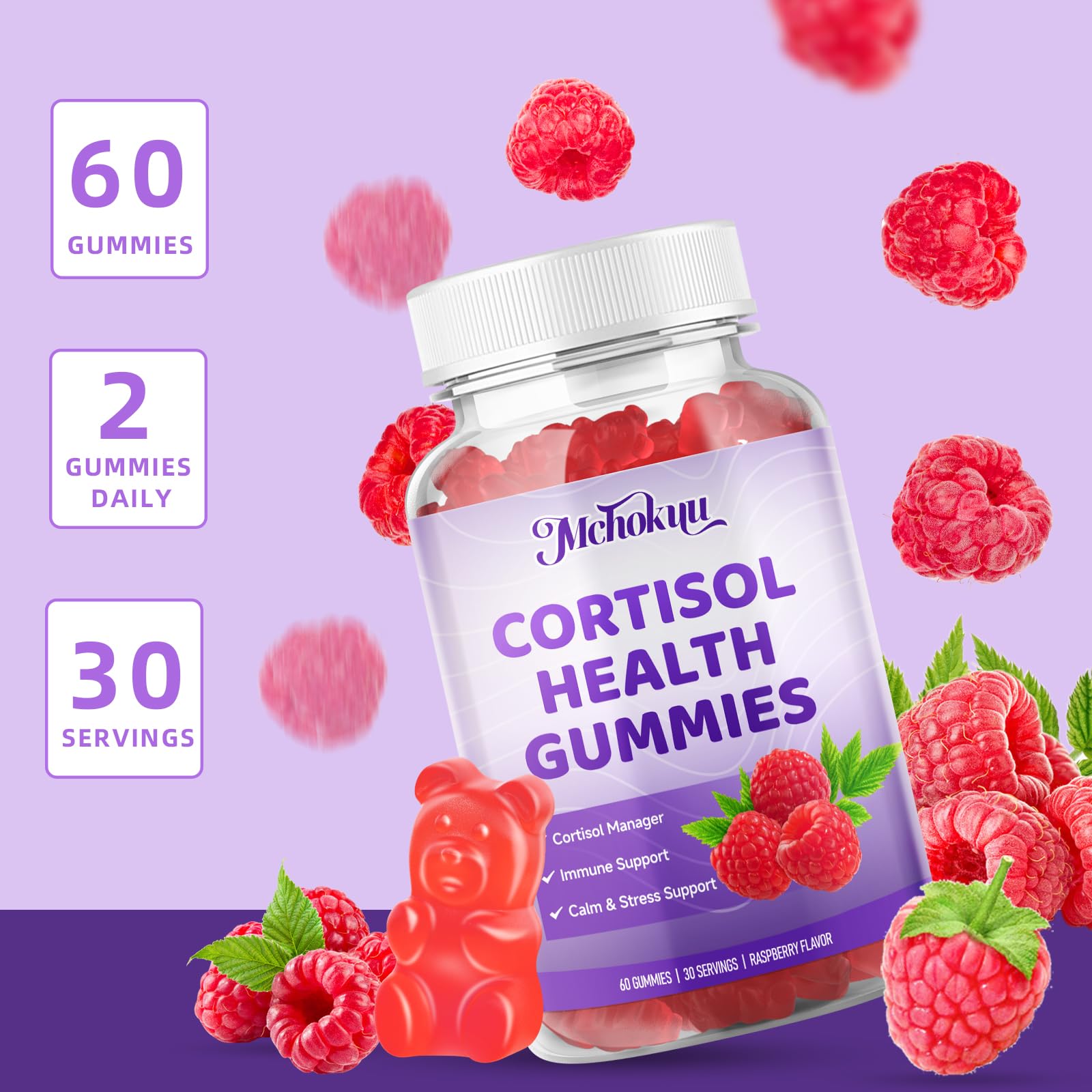 Gommes cortisol Mchokuu goût framboise, routine quotidienne pratique et sans sucre.