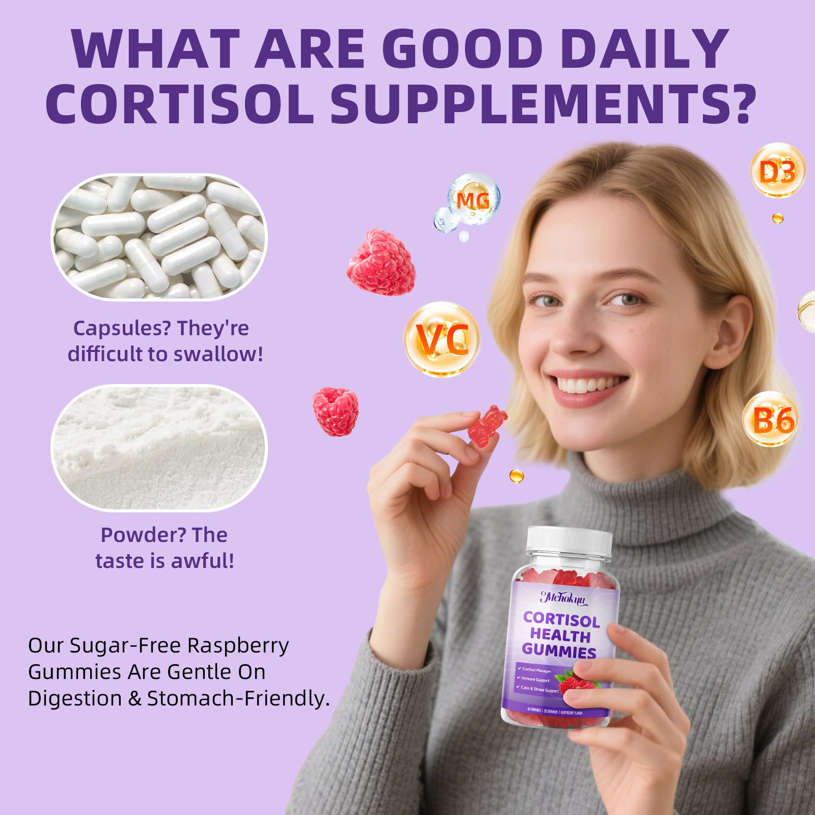 Gommes cortisol Mchokuu texture douce, goût framboise, expérience de mastication agréable.