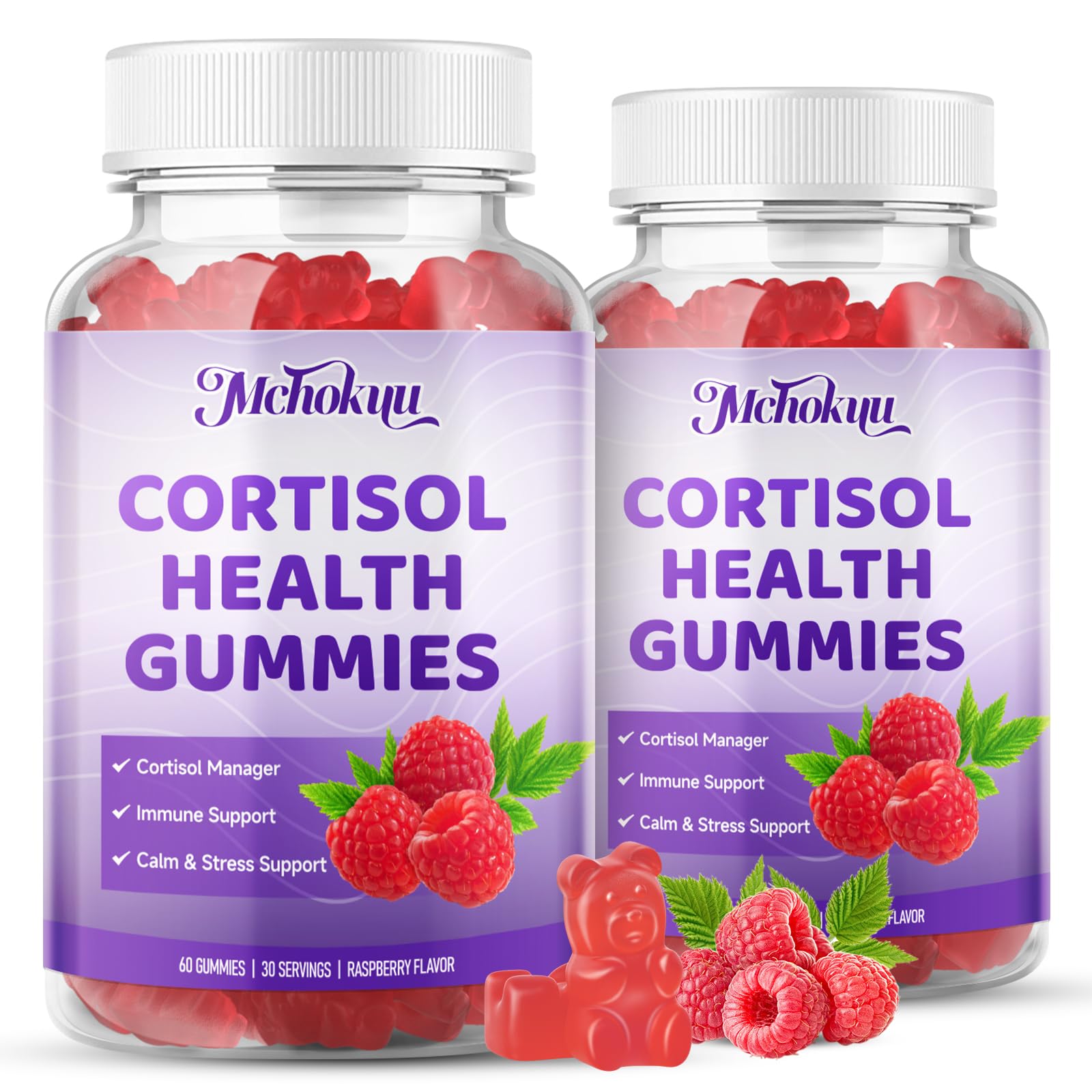 Gommes cortisol Mchokuu dosage quotidien, 60 gommes par flacon, usage pratique.