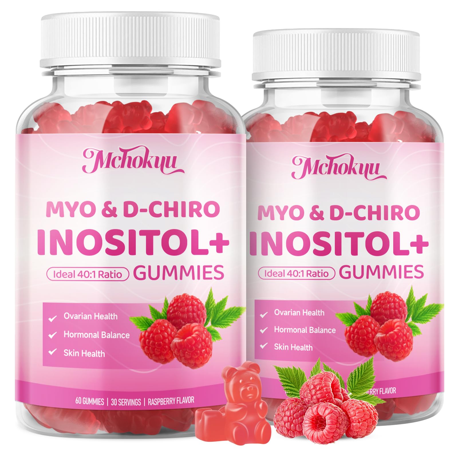 Gommes Mchokuu Myo-Inositol framboise – flacon visible, goût naturel agréable pour la routine quotidienne.