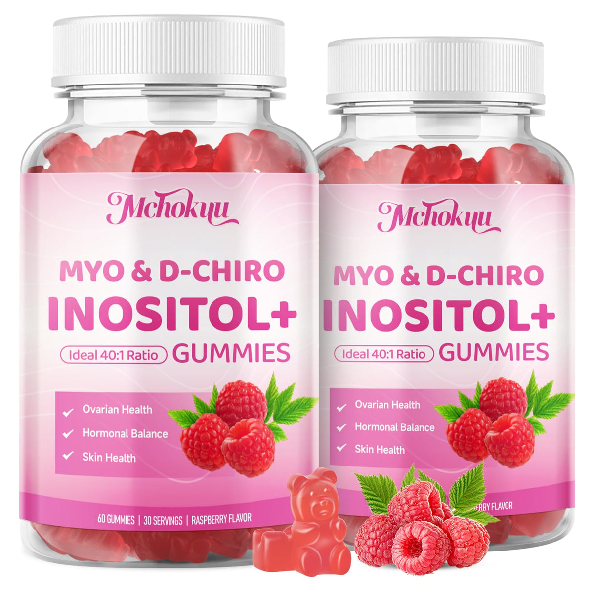 Gommes Mchokuu Myo-Inositol framboise – flacon visible, goût naturel agréable pour la routine quotidienne.