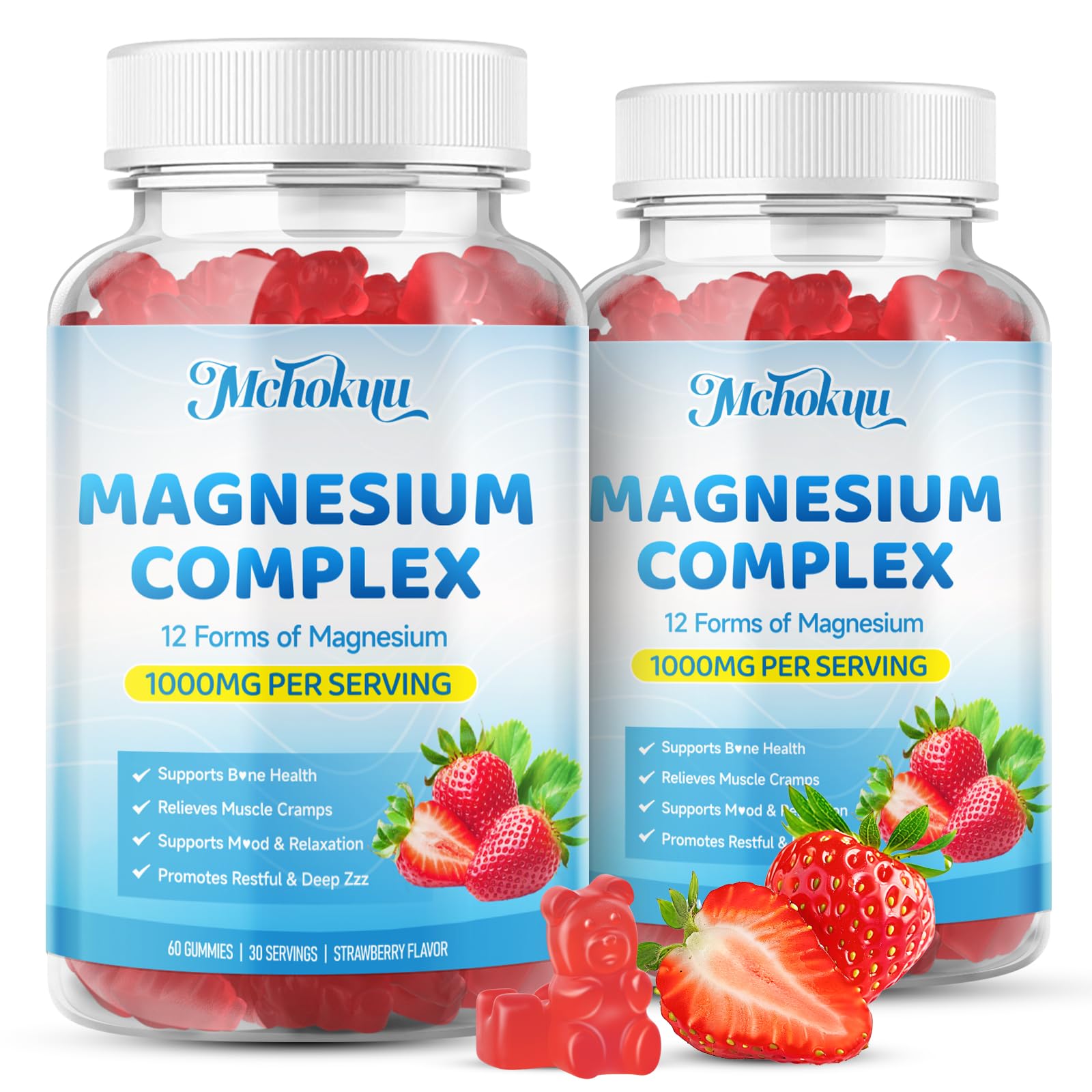 Gommes Mchokuu magnésium 12 en 1 fraise, soutien musculaire potentiel.