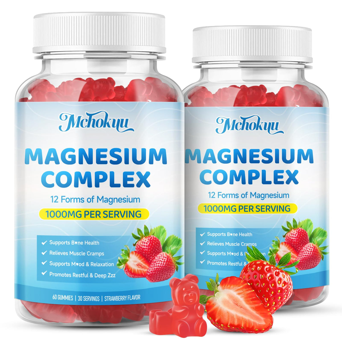Gommes Mchokuu magnésium 12 en 1 fraise, soutien musculaire potentiel.