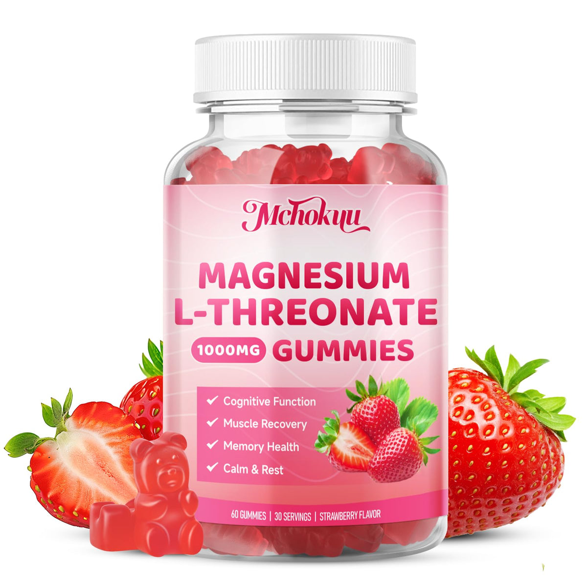 Gommes Mchokuu Magnésium L-Thréonate, flacon fermé, absorption potentielle améliorée.