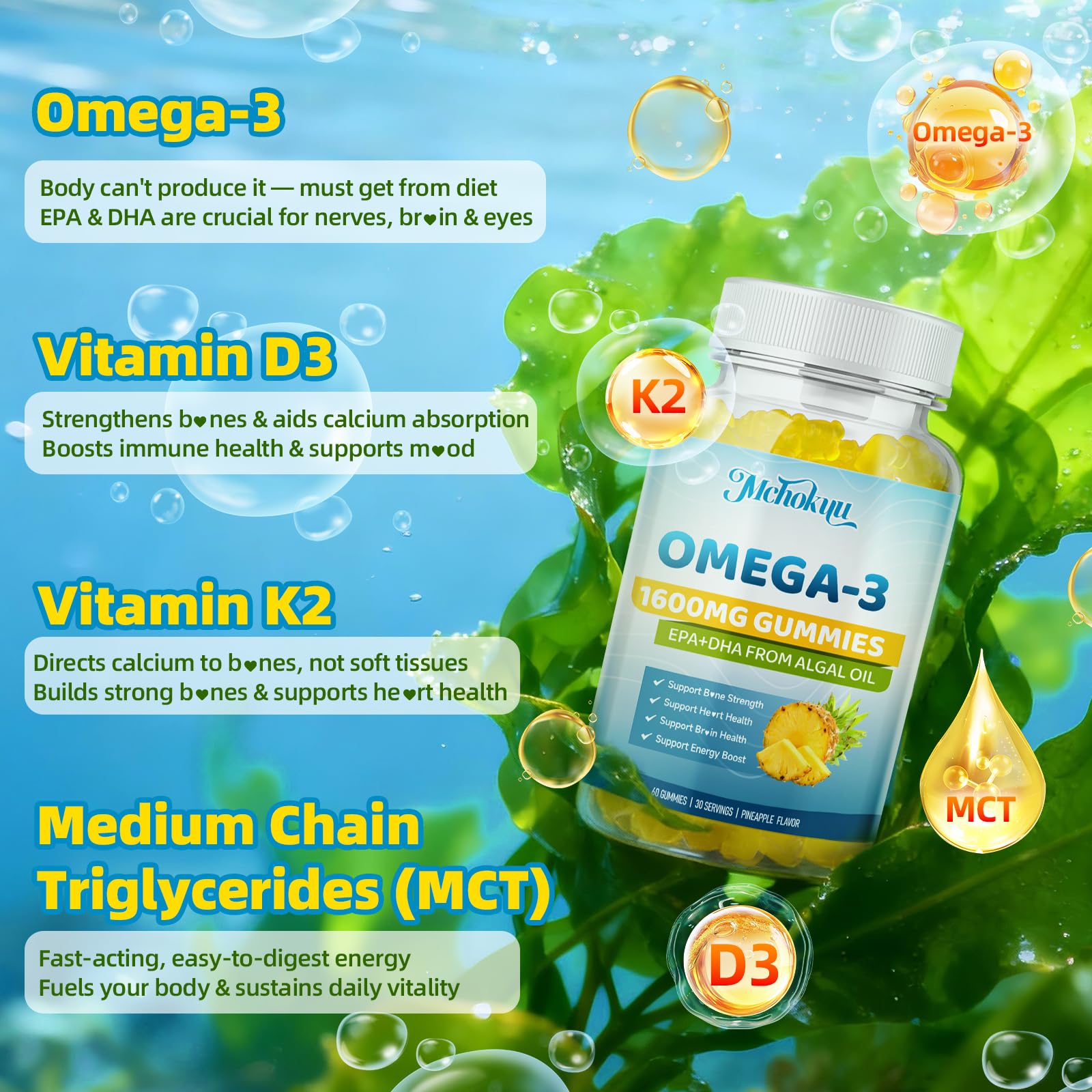 Gomme Mchokuu omega3 vegan D3 et K2 favorisant l'absorption du calcium.