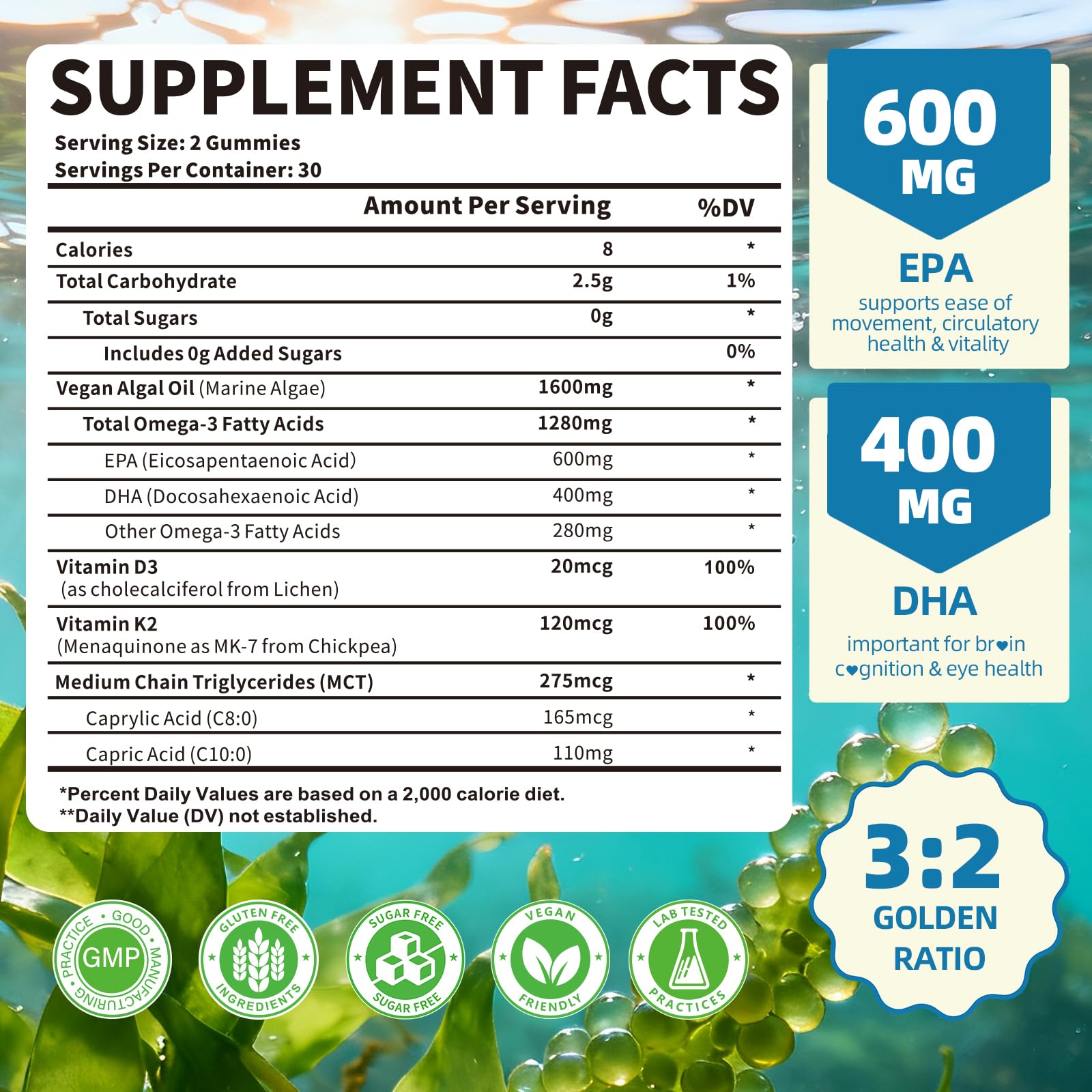 Gomme Mchokuu omega3 vegan EPA et DHA pour le soutien cérébral et cardiaque.