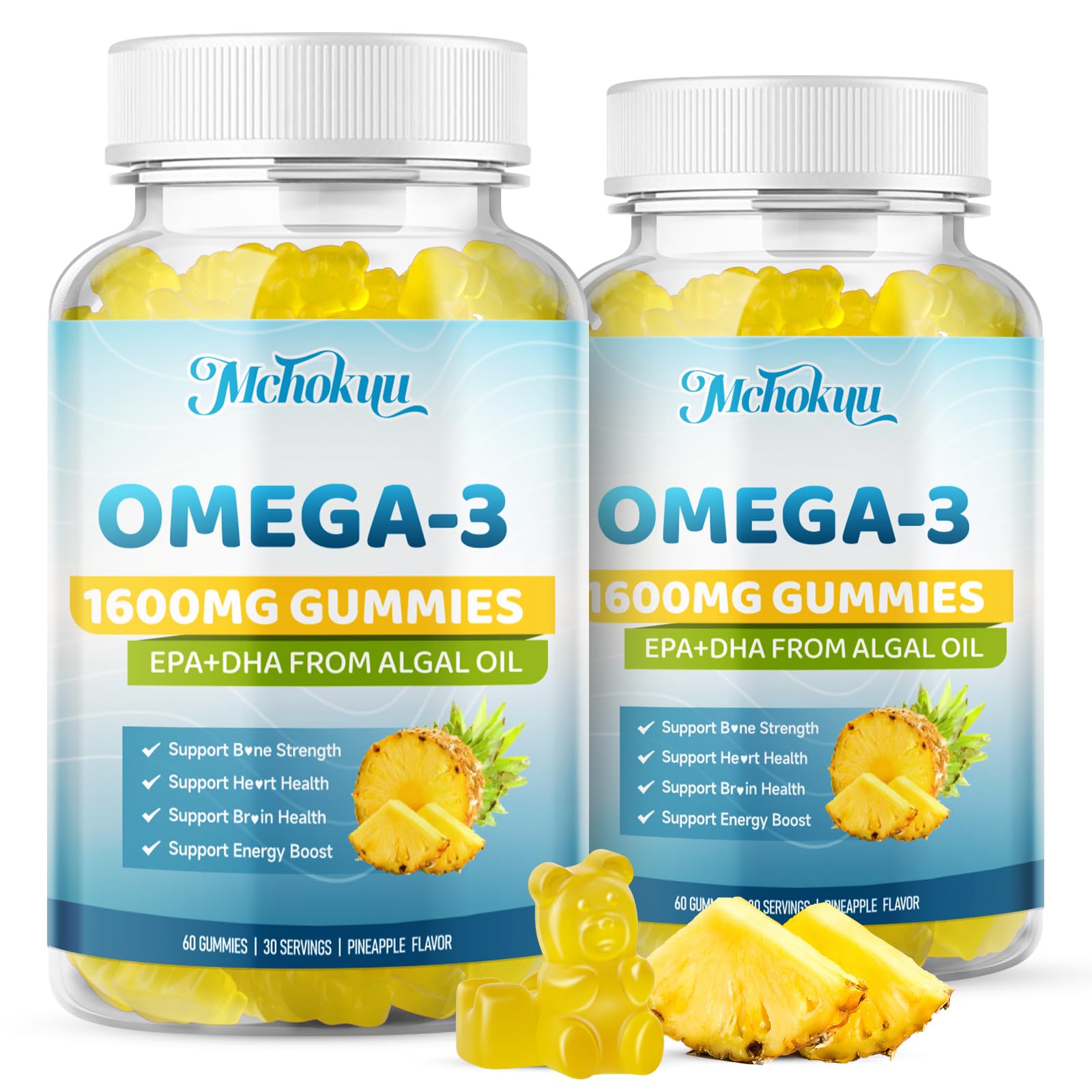 Gomme Mchokuu vegan saveur ananas en bouteille pour le bien-être quotidien.