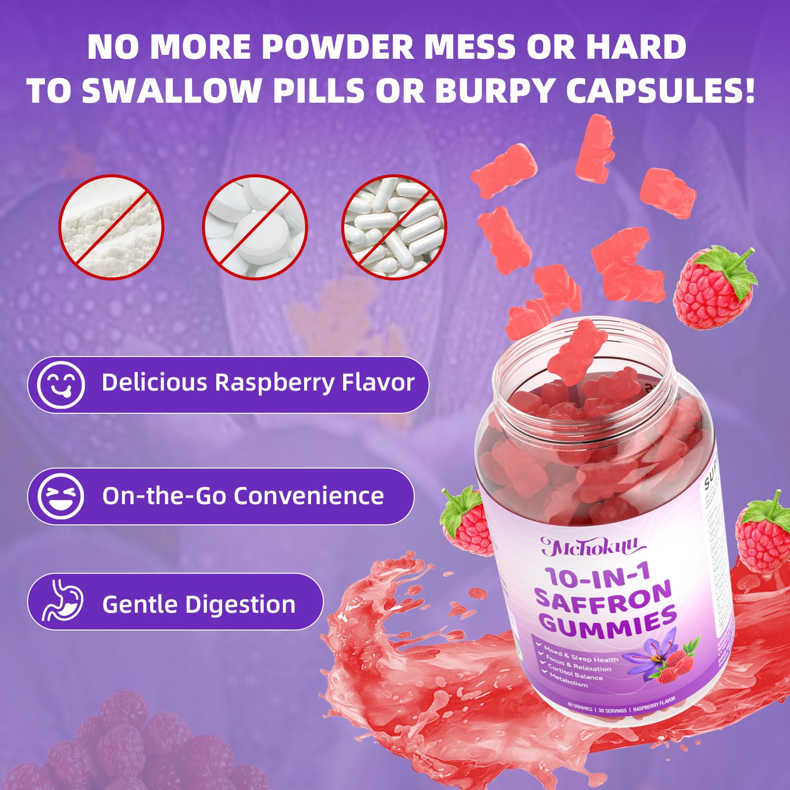 Gummies Mchokuu Ashwagandha-L-Theanine Safran, soutien calme et concentration.