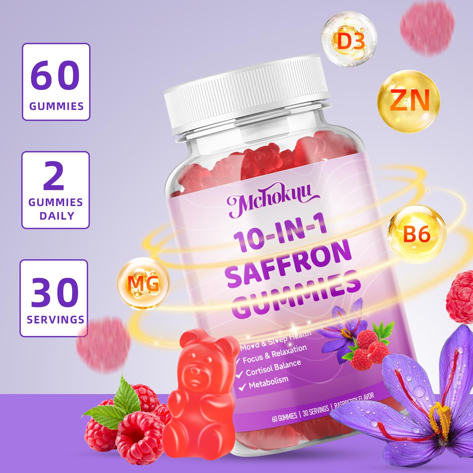Gummies Mchokuu Vitamine D3-B6, soutien énergie et fonction nerveuse.