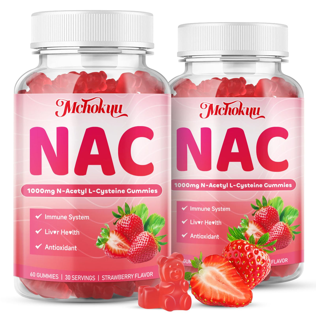 Mchokuu NAC Gummies dans une bouteille ouverte, prise pratique.