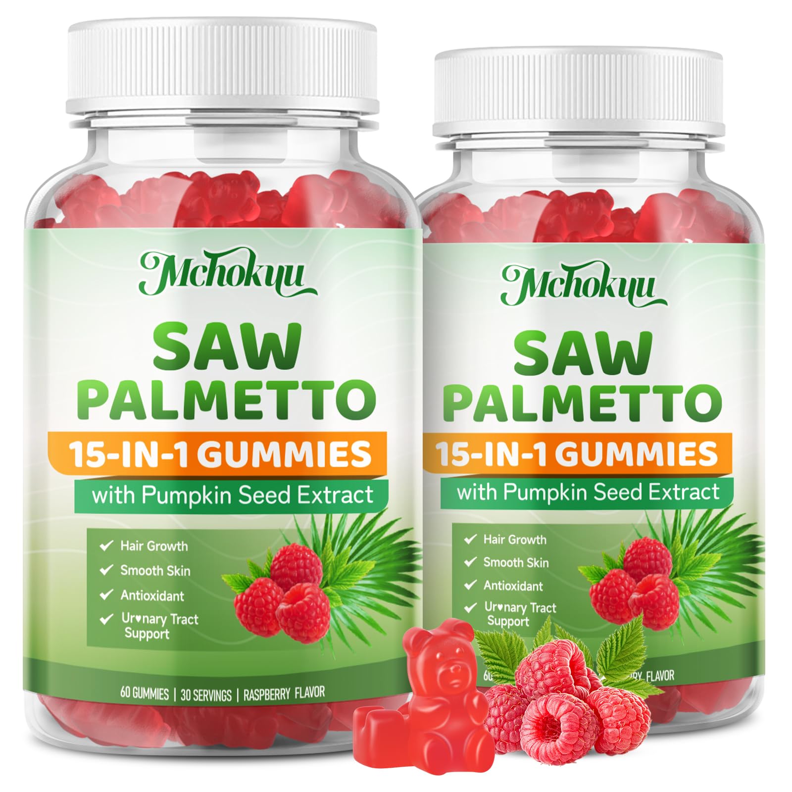 Flacon Mchokuu Saw Palmetto Gummies, soutien potentiel cheveux et peau.