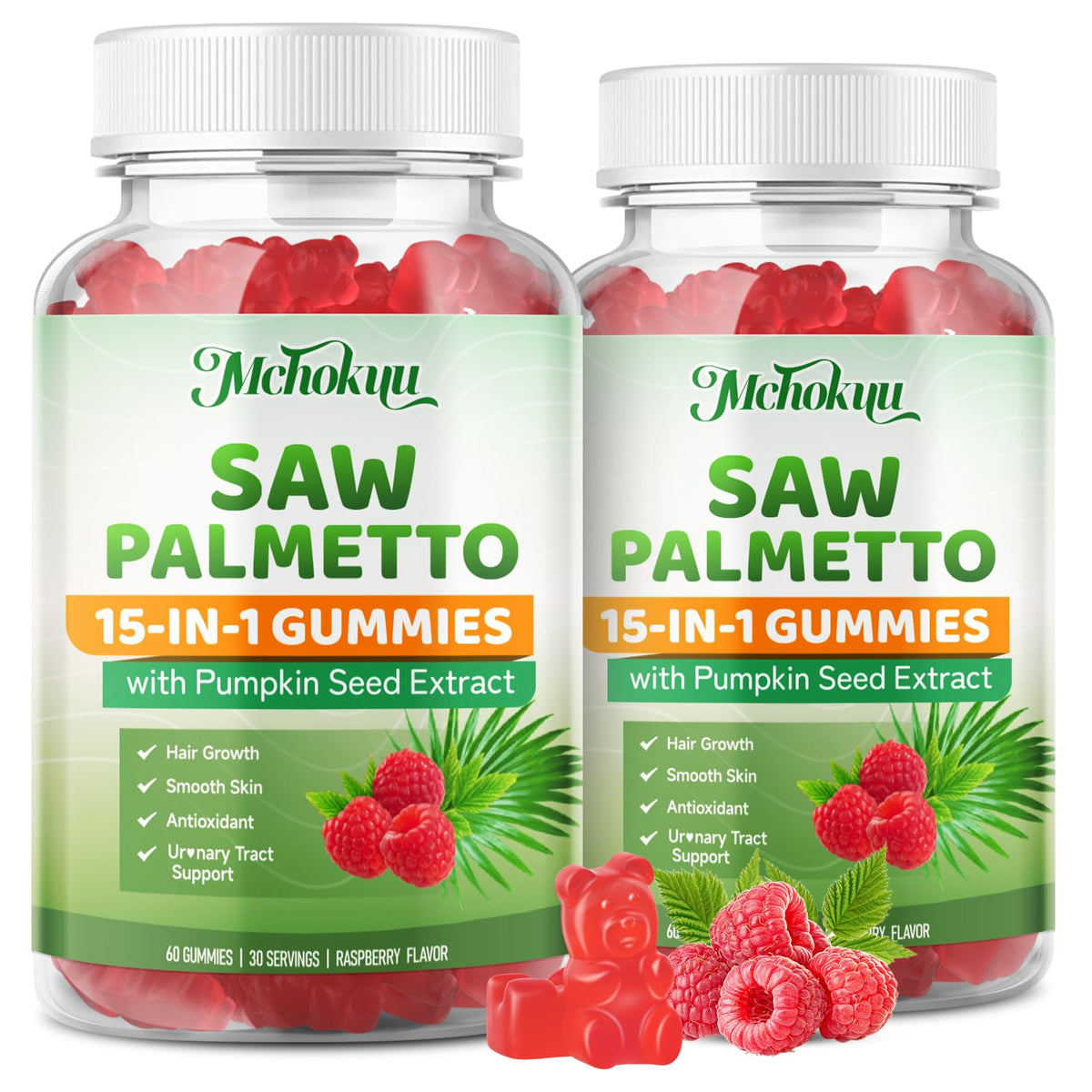 Flacon Mchokuu Saw Palmetto Gummies, soutien potentiel cheveux et peau.