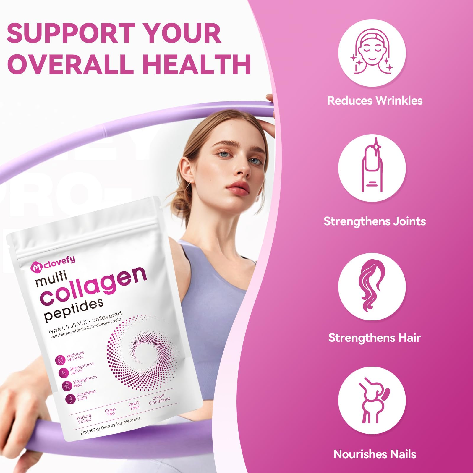 Mclovefy collagène multi avec acide hyaluronique et vitamine C pour un teint lumineux.
