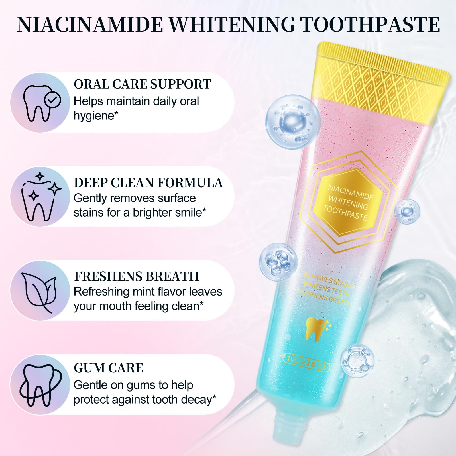 Mcukv dentifrice Niacinamide tube 3-53oz, format pratique pour toute la famille.