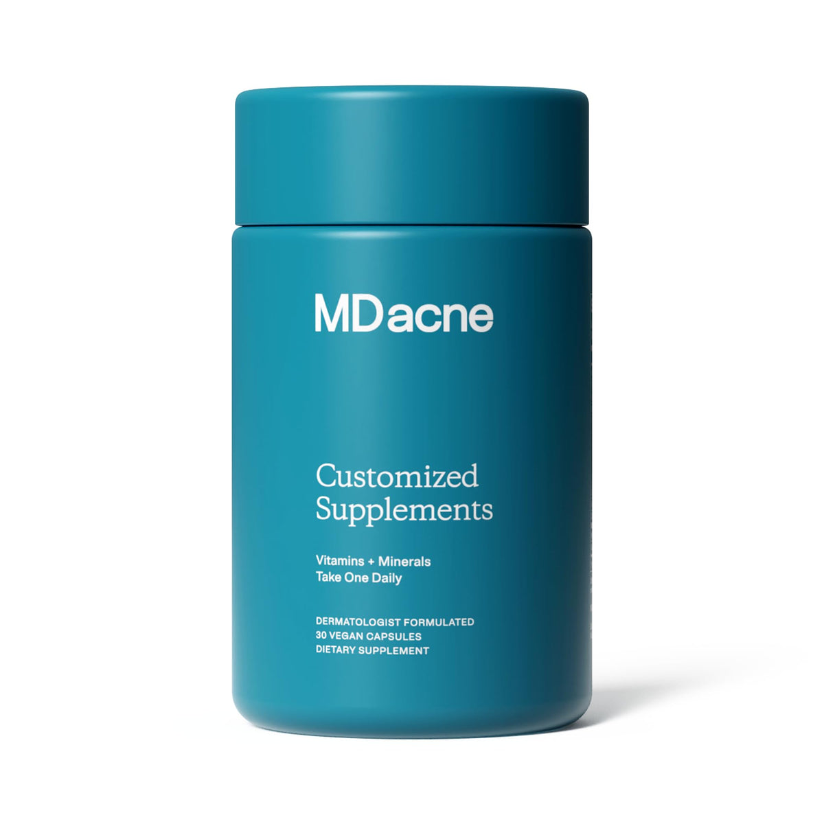 MDacne: bouteille de vitamines et minéraux pour une peau plus claire.