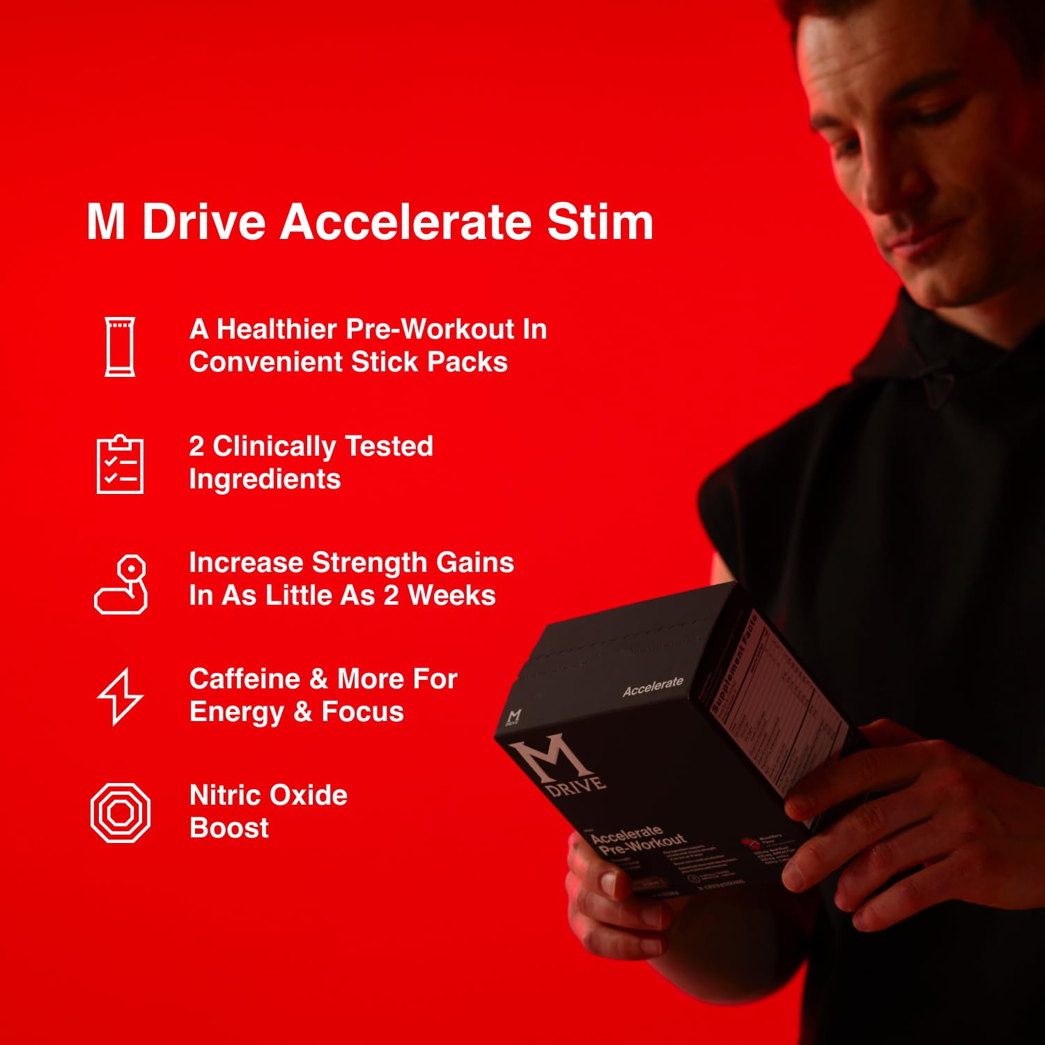 Emballage Mdrive Accelerate avec sachets pré-dosés, préparation rapide.