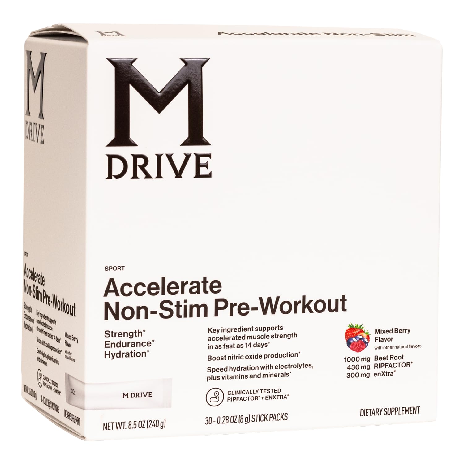 Mdrive Accelerate, sachet pré-workout framboise : pratique et rapide à préparer avant l'entraînement.