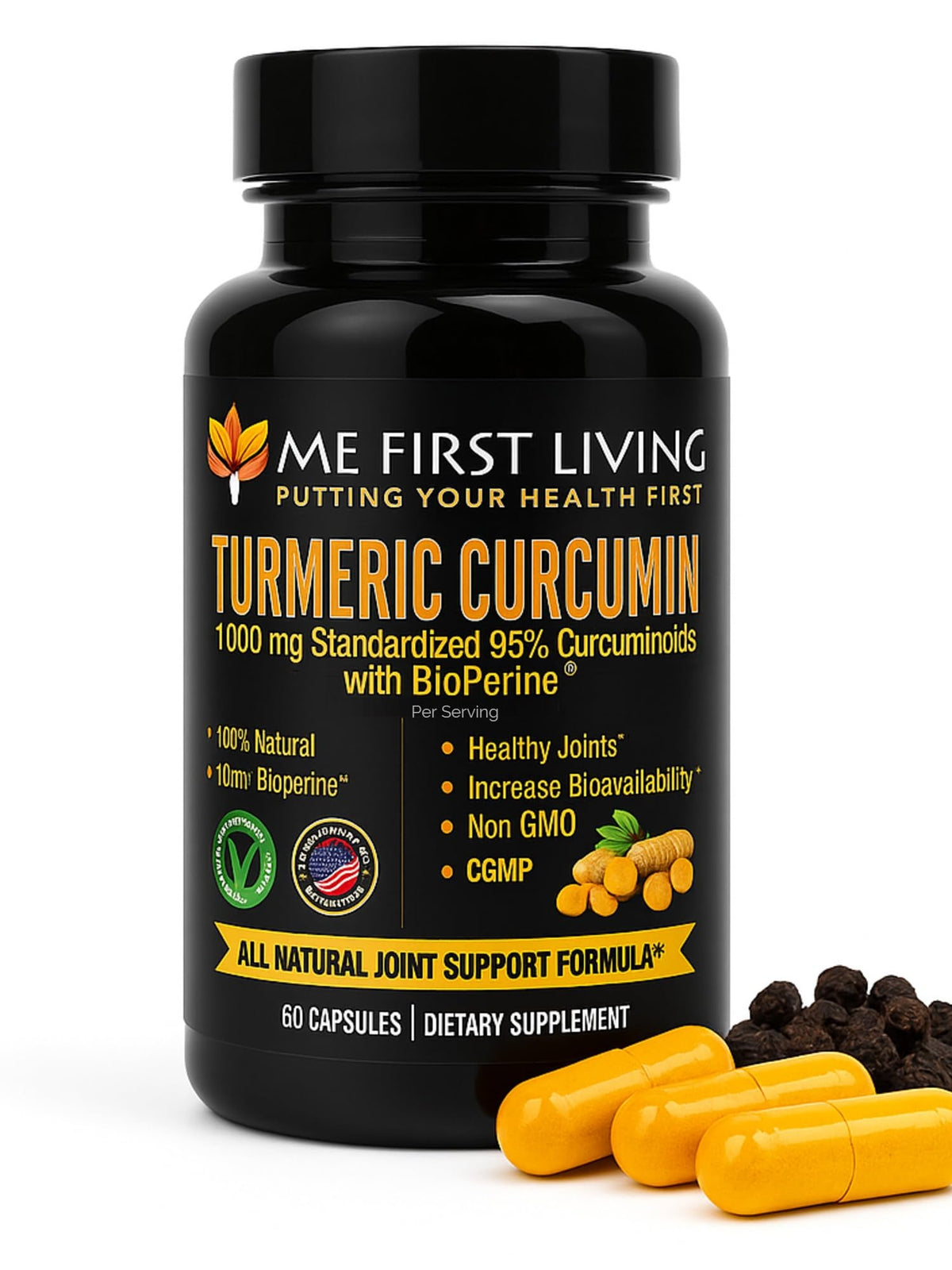 Me First Living Turmeric: bouteille fermée, présentation premium pour l'usage quotidien