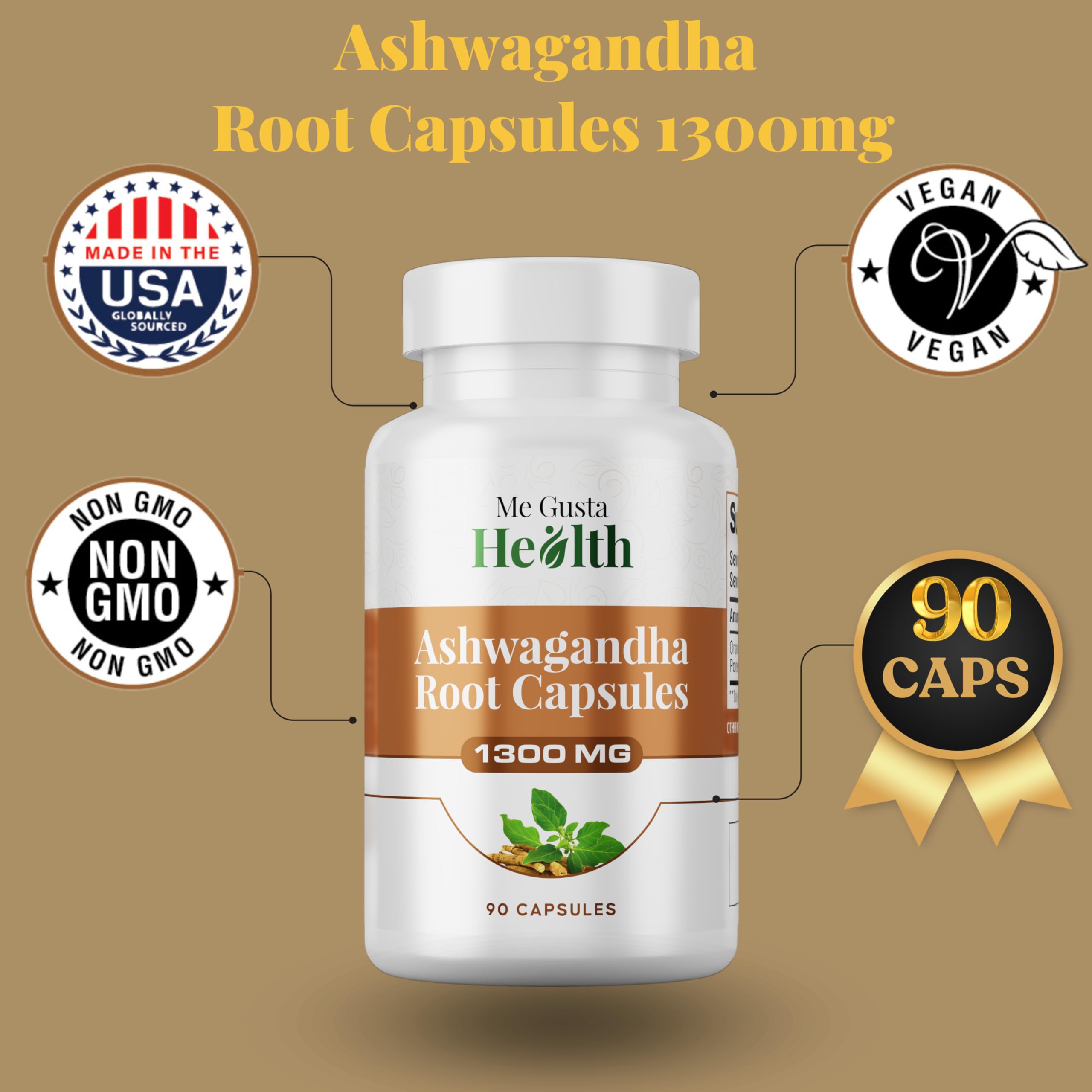ME GUSTA HEALTH Ashwagandha : etiquette informative sur les bienfaits potentiels et usage.