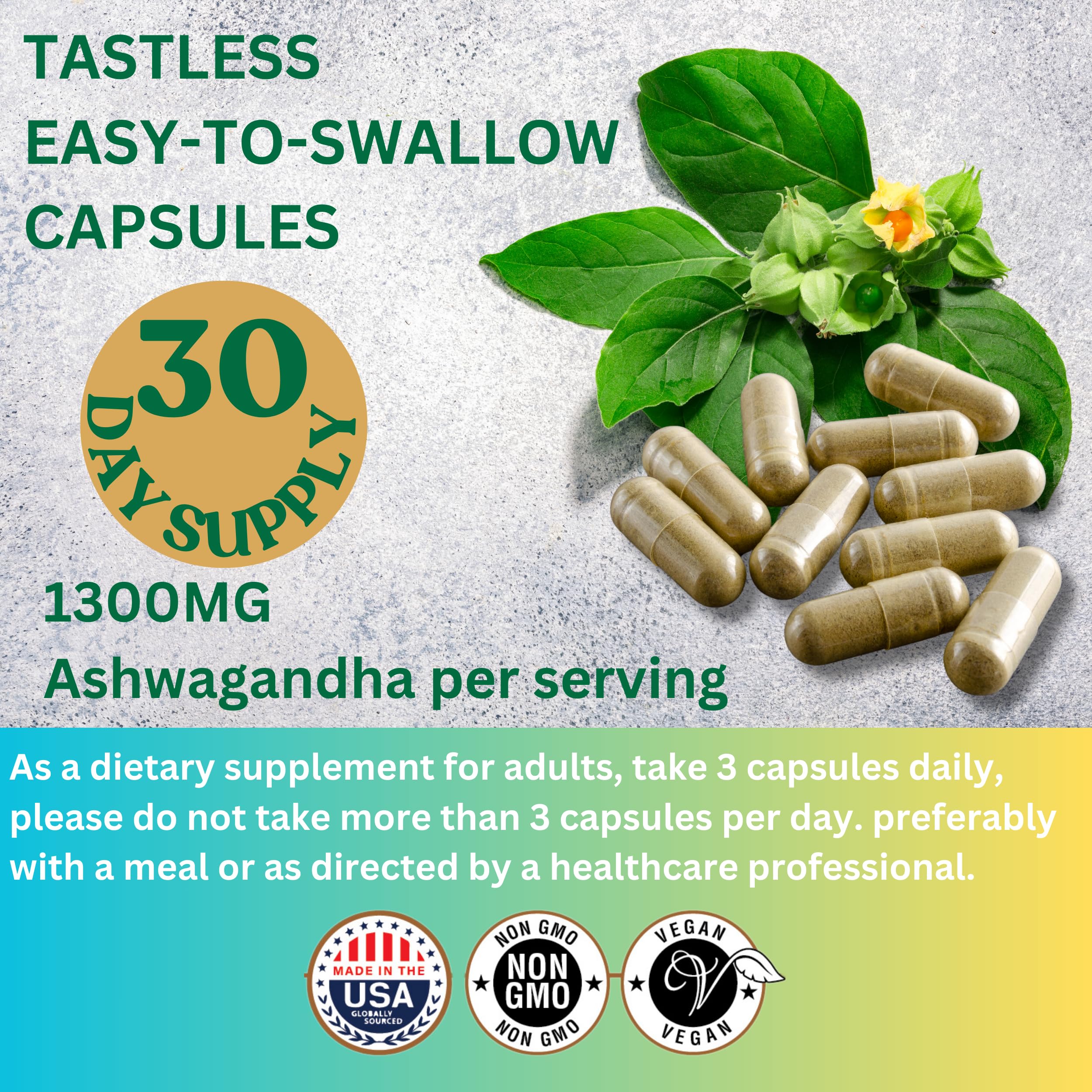 ME GUSTA HEALTH Ashwagandha : bouteille portant l'indication fabriqué aux États-Unis.